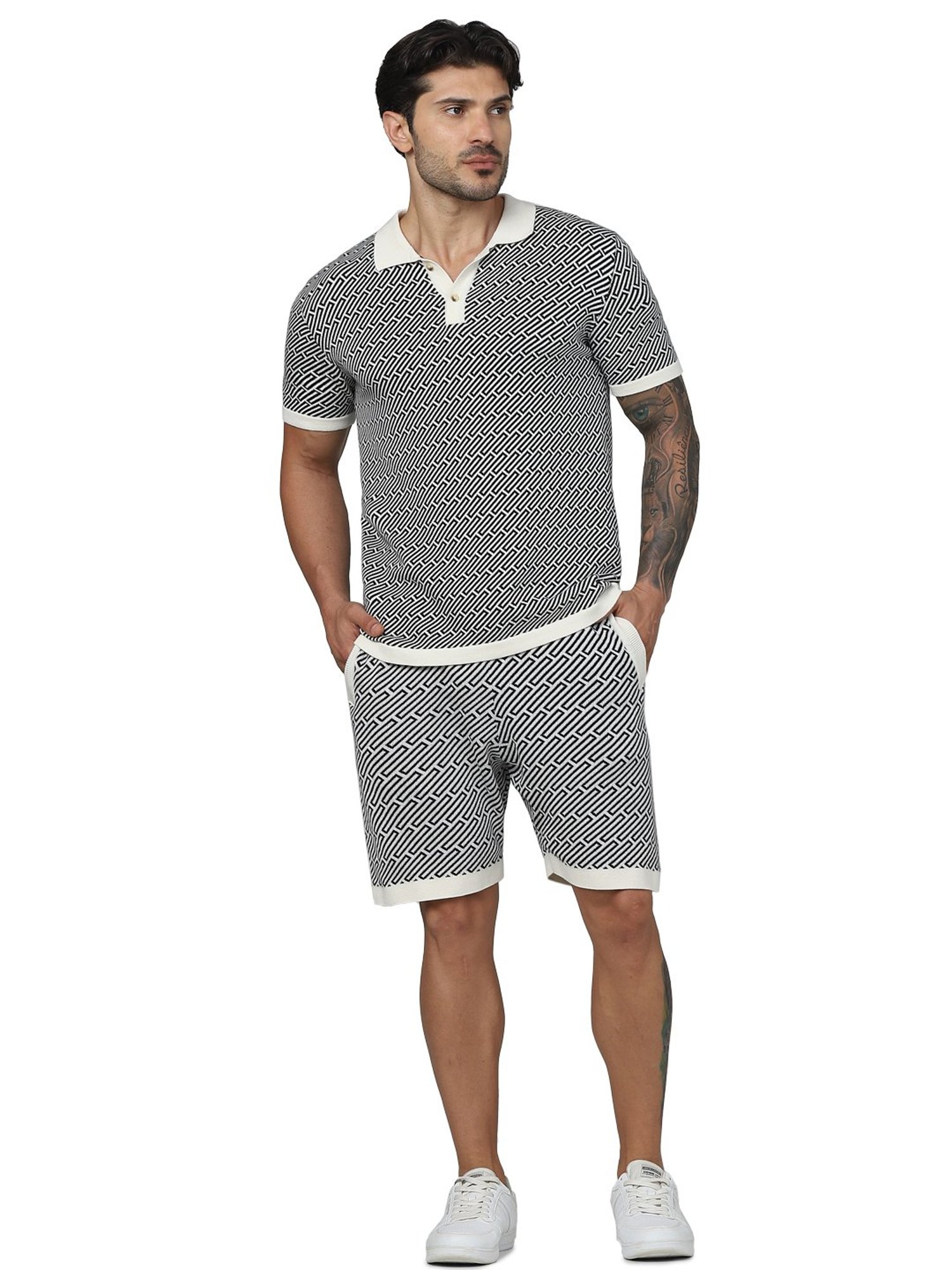 celio* Black & White Regular Fit Self Design Cotton Polo T-Shirt