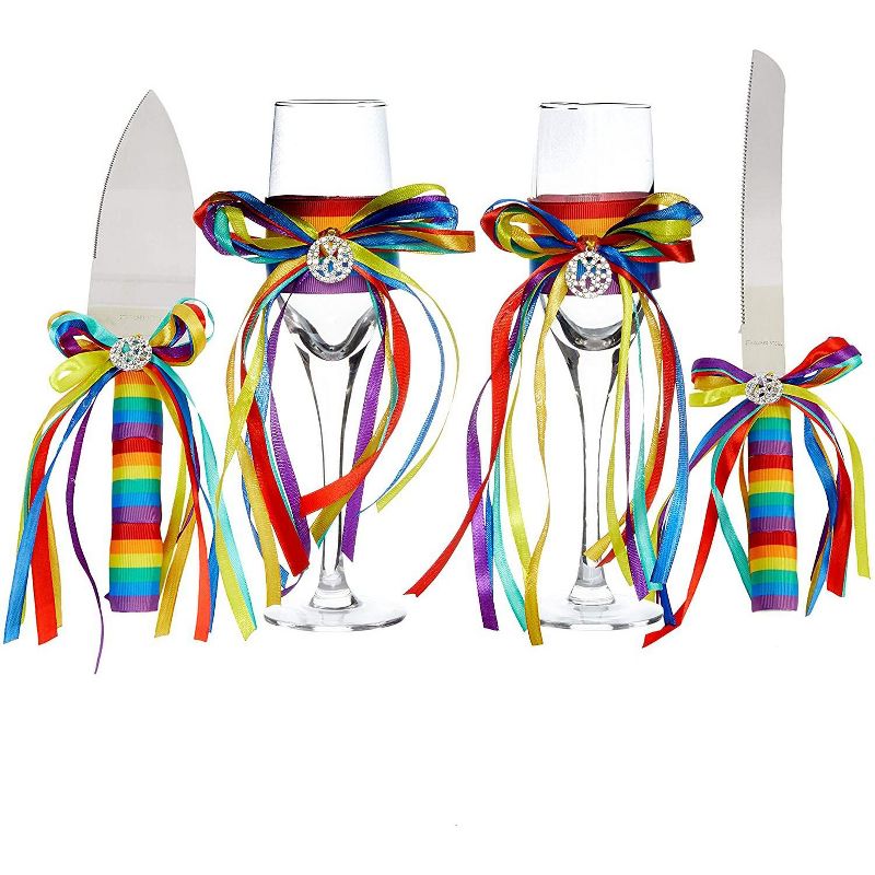 Sparkle and Bash 4 Piece LGBTQ Pride Rainbow Cake Cutting Set For Wedding Supplies, White
