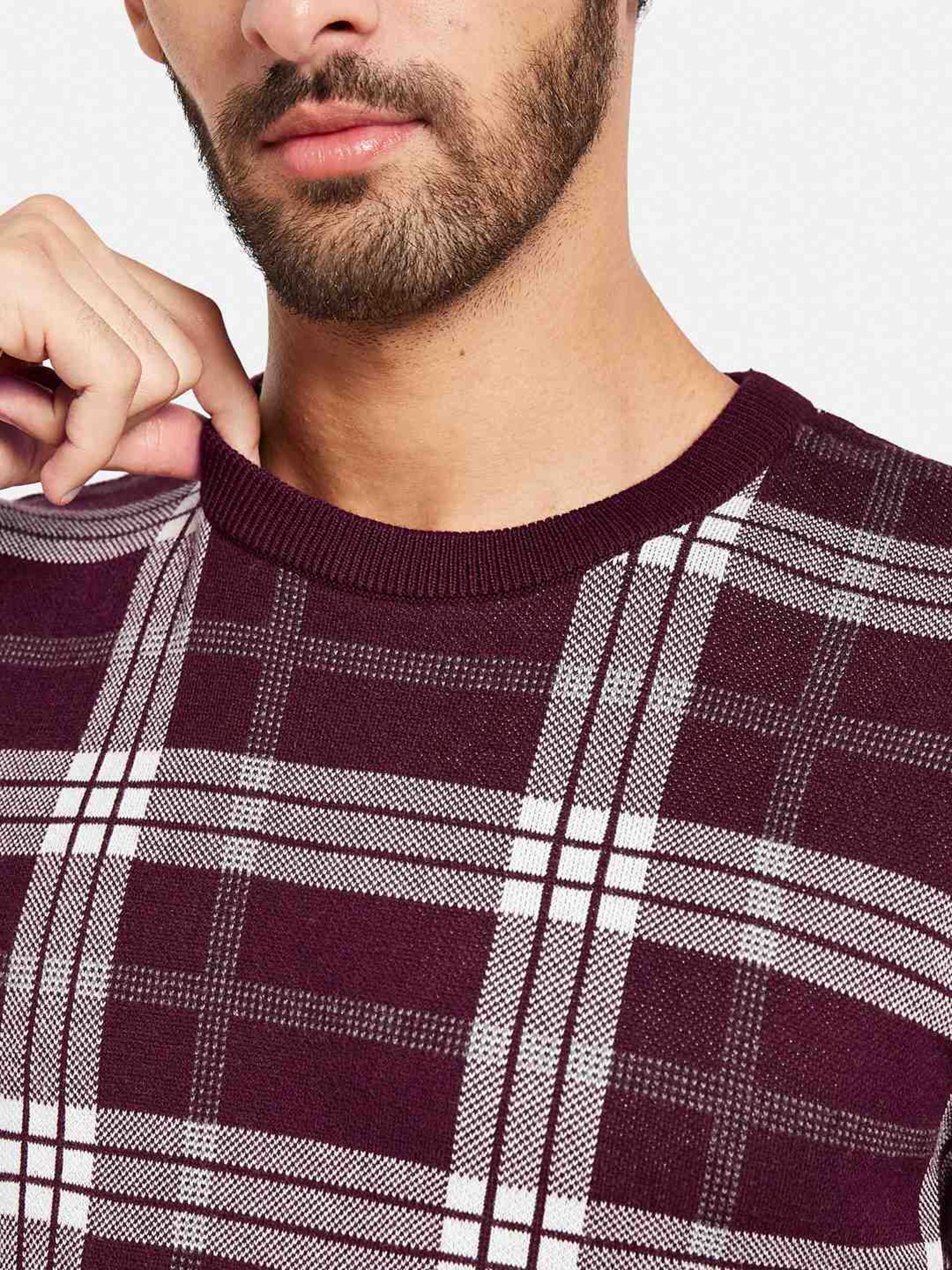 METTLE Maroon Cotton Regular Fit Checks Sweater