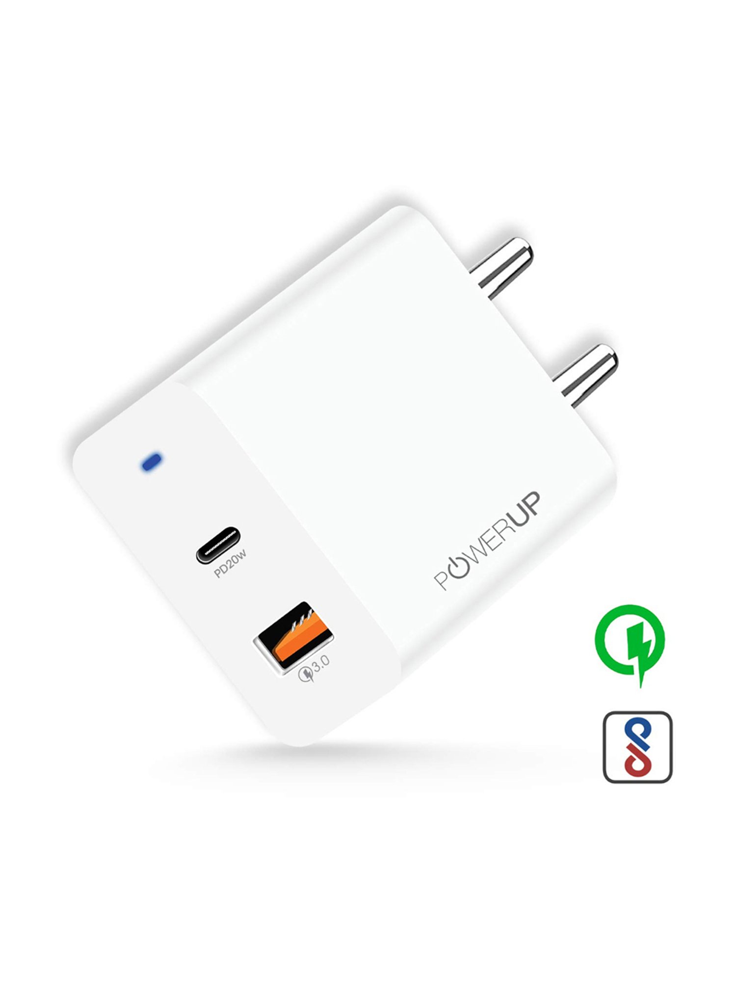 Powerup Stay Charge Turbo Max Charge Dual Port 20W Type-C+Usb (White)