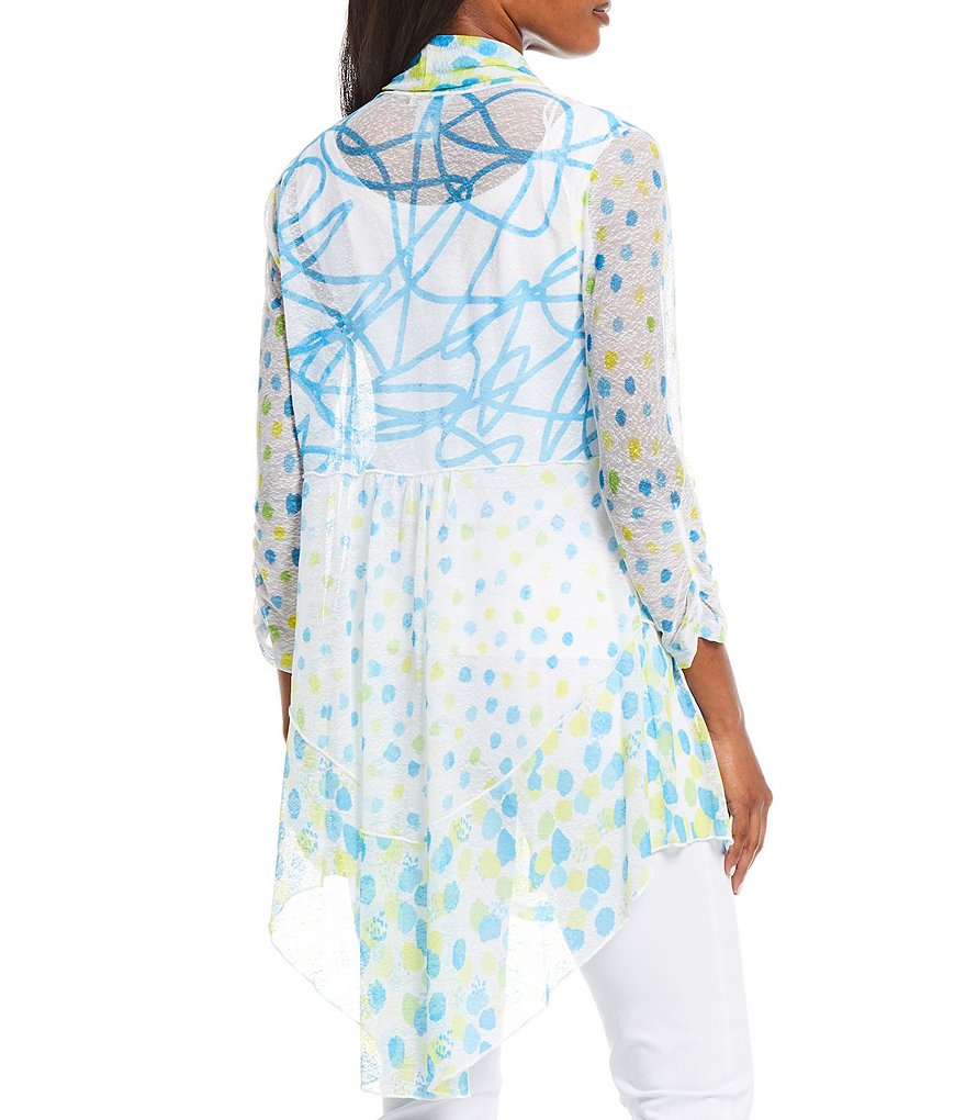 Multiples Dots & Squiggles Print Onionskin 3/4 Bungee Sleeve Open-Front Hi-Low Drapey Jacket