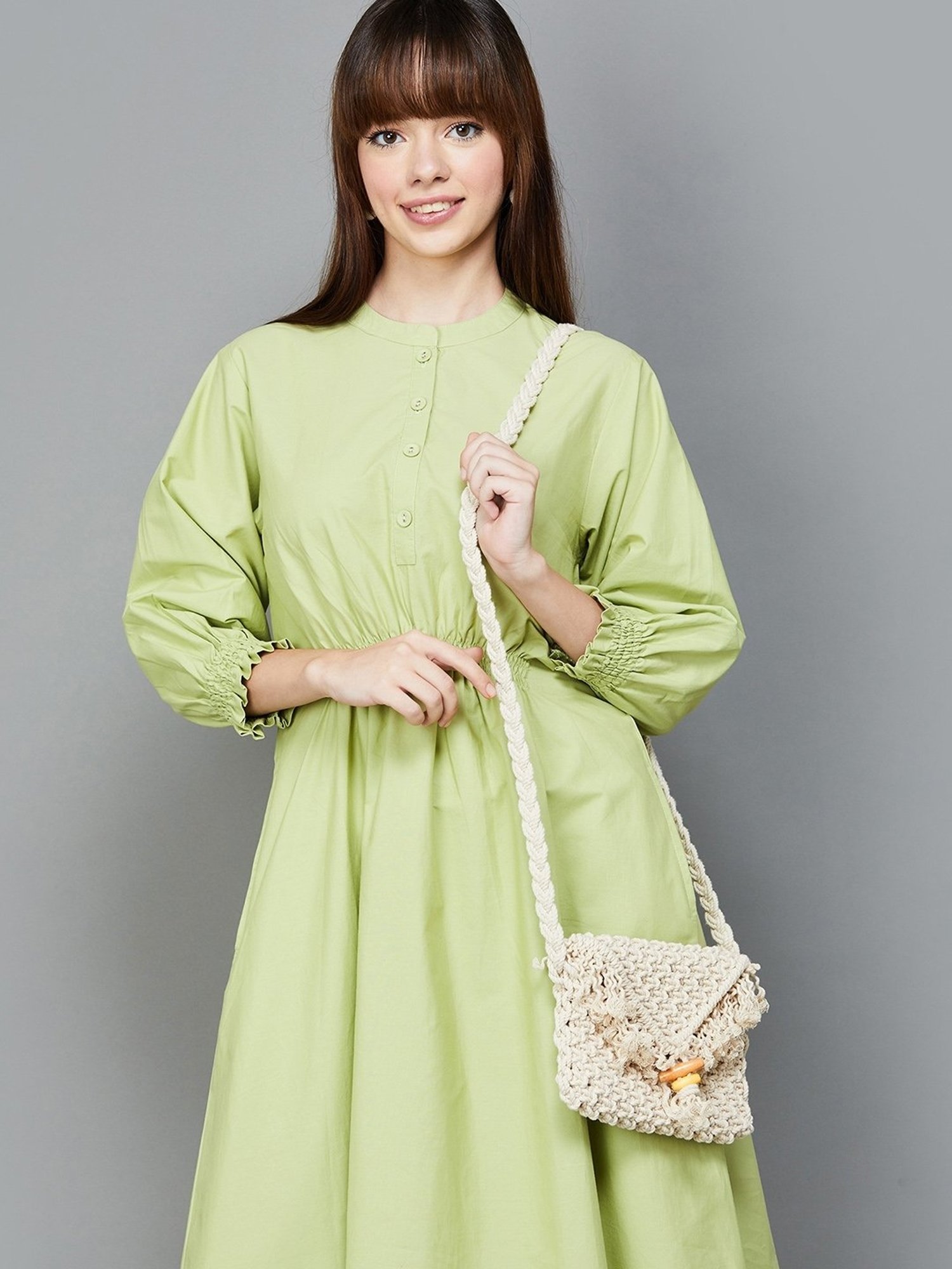 Colour Me by Melange Green Cotton A-Line Dress