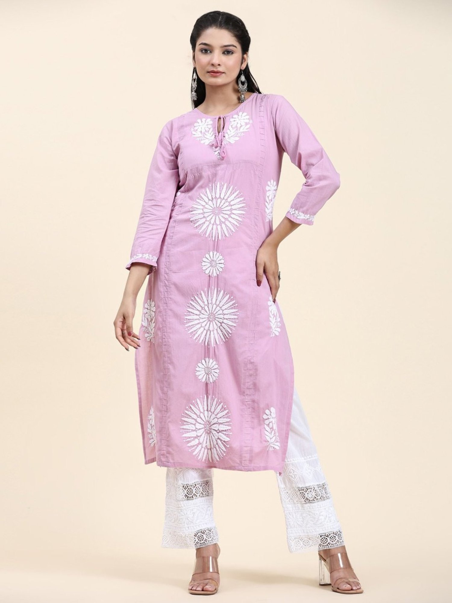 House Of Kari Samma Chikankari Long Kurti In Cotton for Women- Lavender