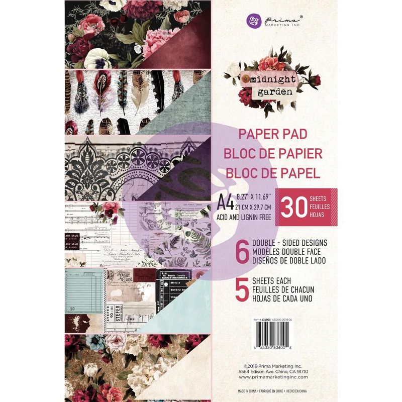 Prima Marketing Double-Sided Paper Pad A4 30/Pkg-Midnight Garden, 6 Designs/5 Each
