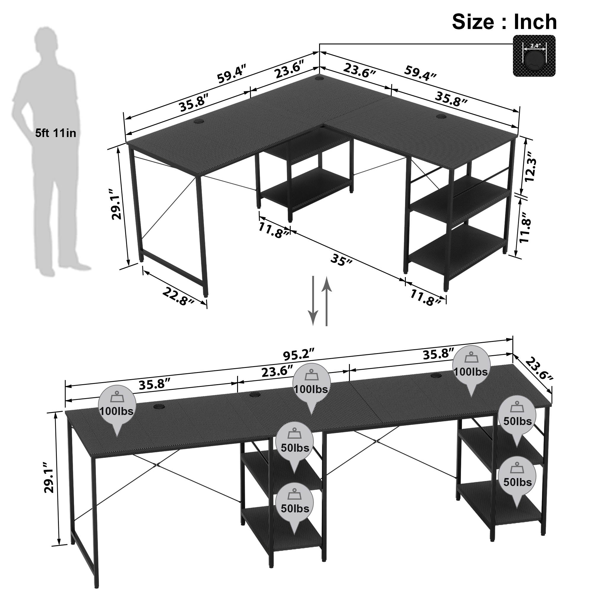 Bestier L Shaped Desk with Shelves 95.2 Inch Reversible Corner Computer Desk or 2 Person Long Table for Home Office Large Gaming Writing Storage Workstation P2 Board with 3 Cable Holes, Grey Oak