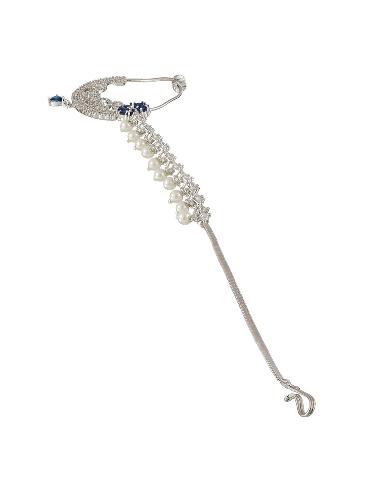 Aatmana Floral American Diamond Handcrafted Blue Nose Ring with Pearl Drop Chain for Women