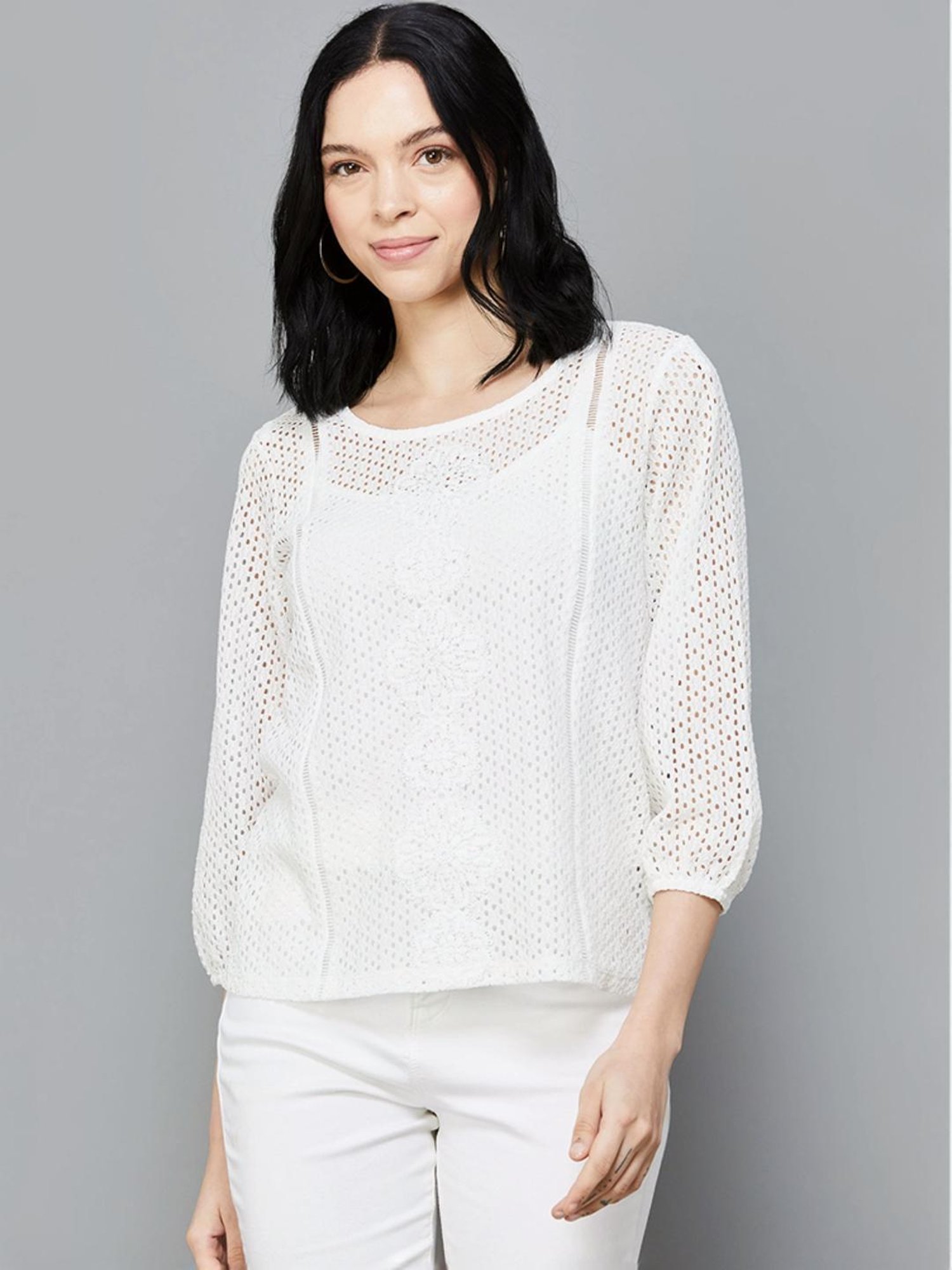 Fame Forever by Lifestyle White Cotton Self Pattern Top With Inner