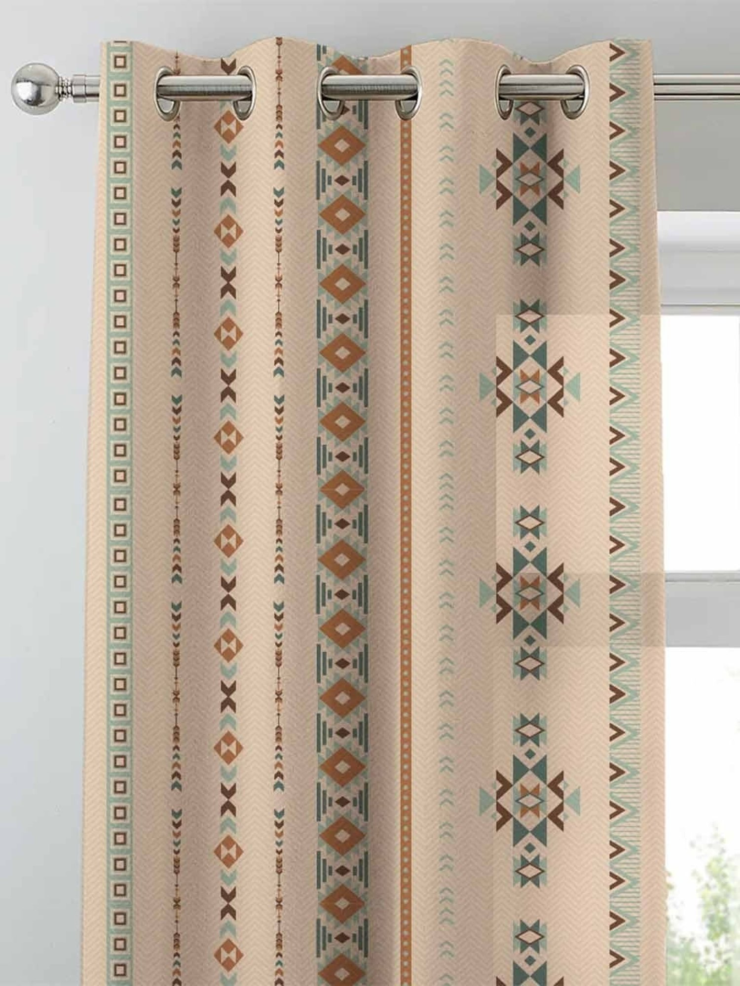 SPACES DRAPE STORY Boho Digital Print Beige & Brown Polyester 5 ft Window Curtains - Set of 2