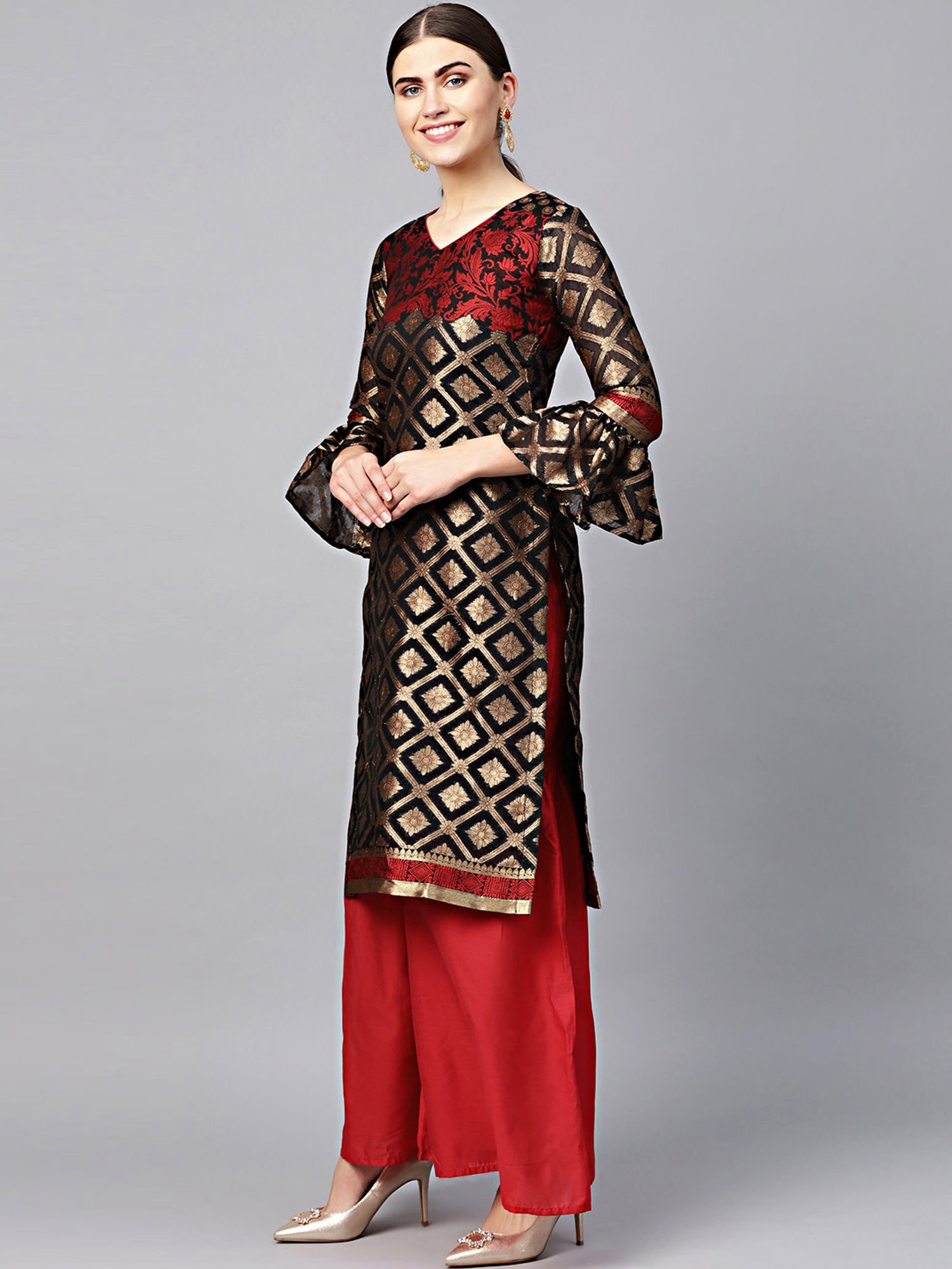 Chhabra 555 Black & Red Woven Pattern Unstitched Dress Material With Dupatta
