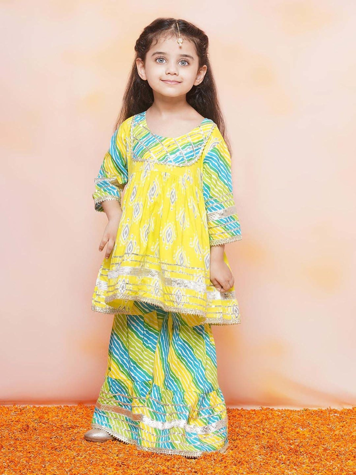 AJ Dezines Kids Blue & Yellow Cotton Printed Kurta Set
