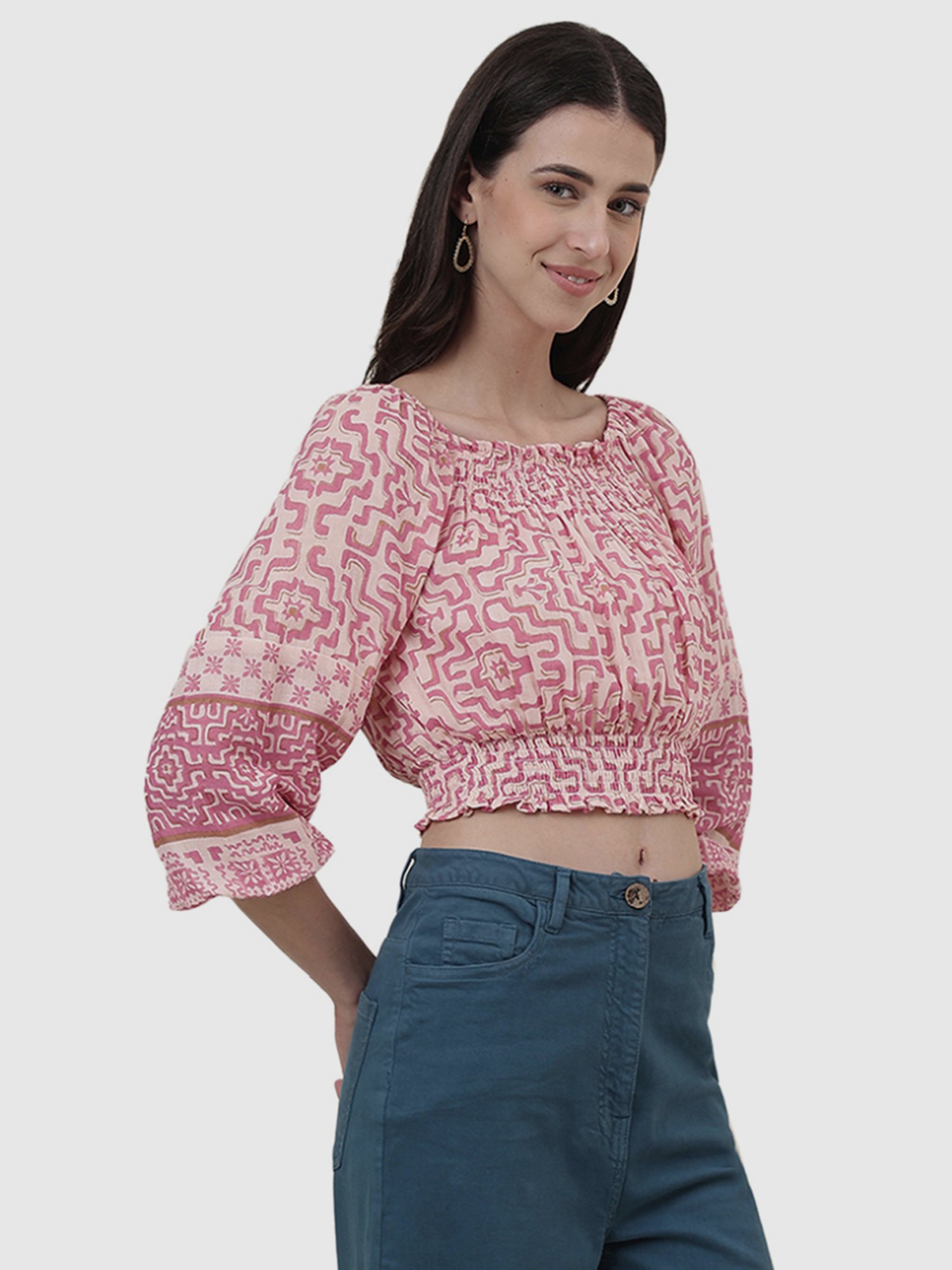 Fabindia Pink Cotton Printed Crop Top