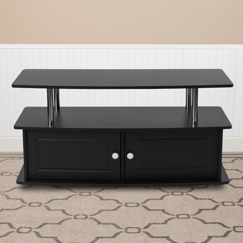 Flash Furniture Evanston Black TV Stand with Shelves, Cabinet and Stainless Steel Tubing
