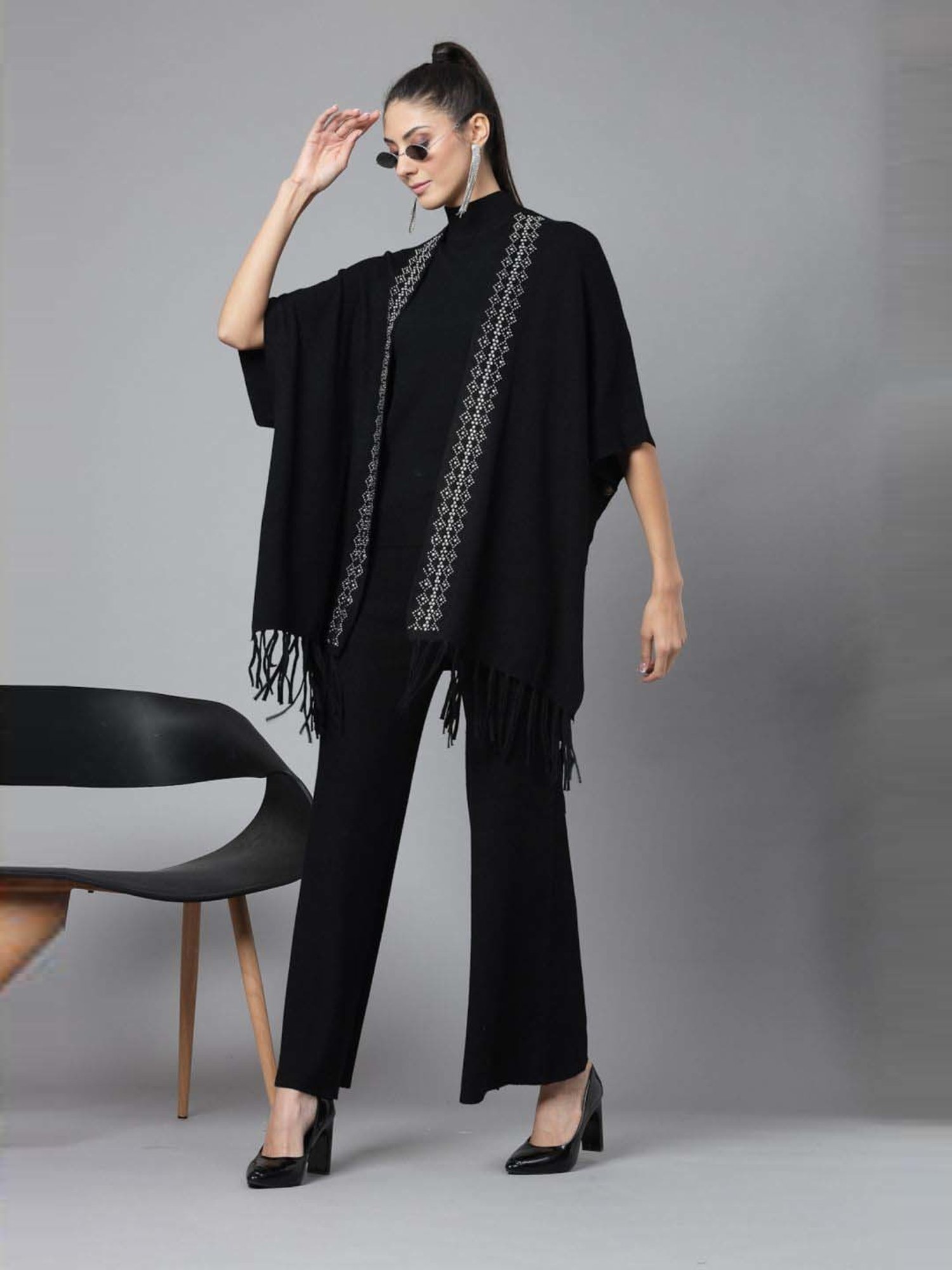 Mafadeny Black Embellished Top Pants Set With Shrug