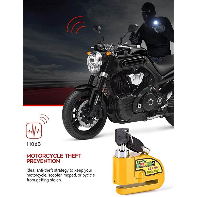 Motorcycle Alarm Disc Brake Lock Anti Theft Motorbike Security Wheel Disk Lock for 7mm Brake Rotor with 110db Alarm Sound with 15m5ft Reminder Cable for Harley Davidson etc Yellow