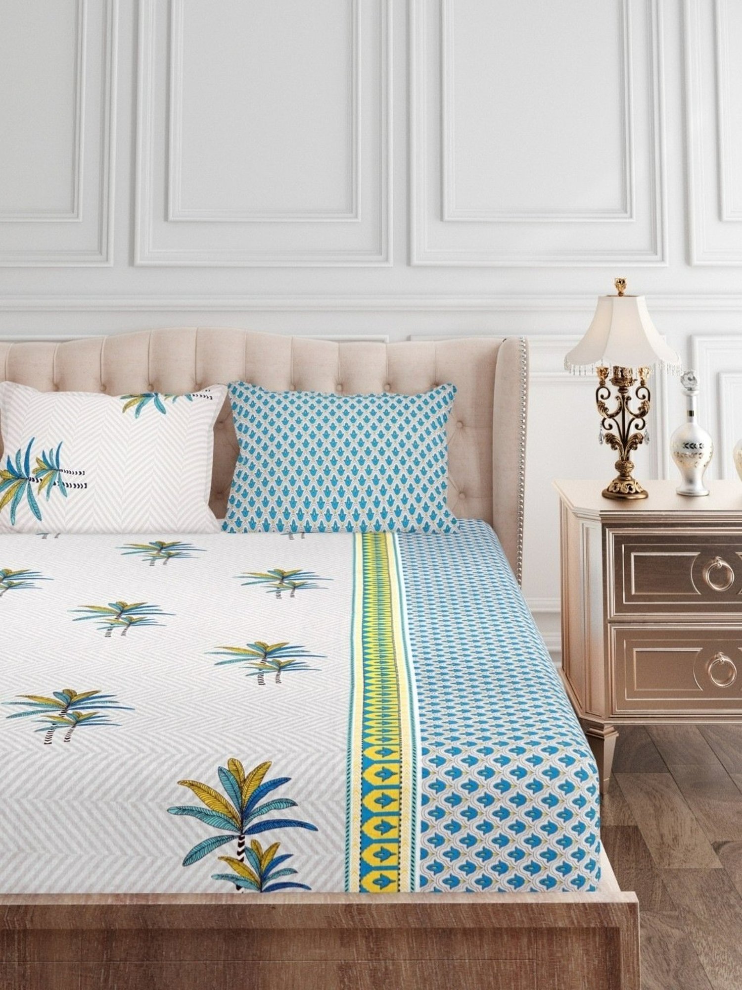 SEJ by Nisha Gupta Abstract Blue 144 TC Cotton Double Bed Sheet with 2 Pillow Covers