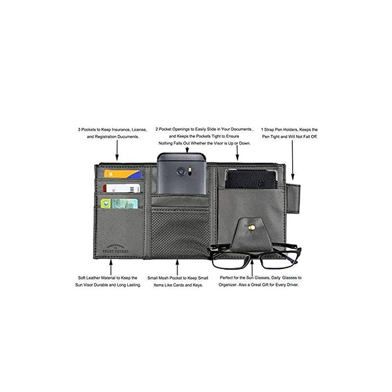 PU Car Sun Visor Storage Bag Auto Glasses Ticket Documents Folder Mobile Phone Organizer - Black