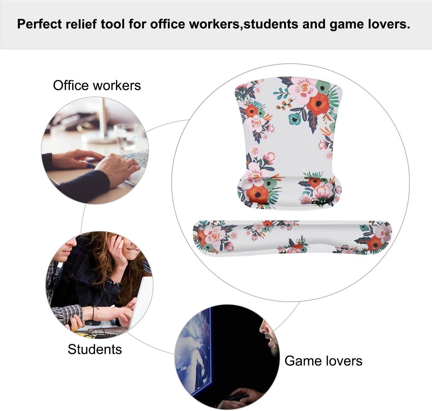 MOSISO Mouse Pad Wrist Rest Support & Keyboard Set, Begonia Ergonomic Mousepad Non-Slip Rubber Base Home Office Pain Relief & Easy Typing Cushion with Neoprene Cloth & Memory Foam, White