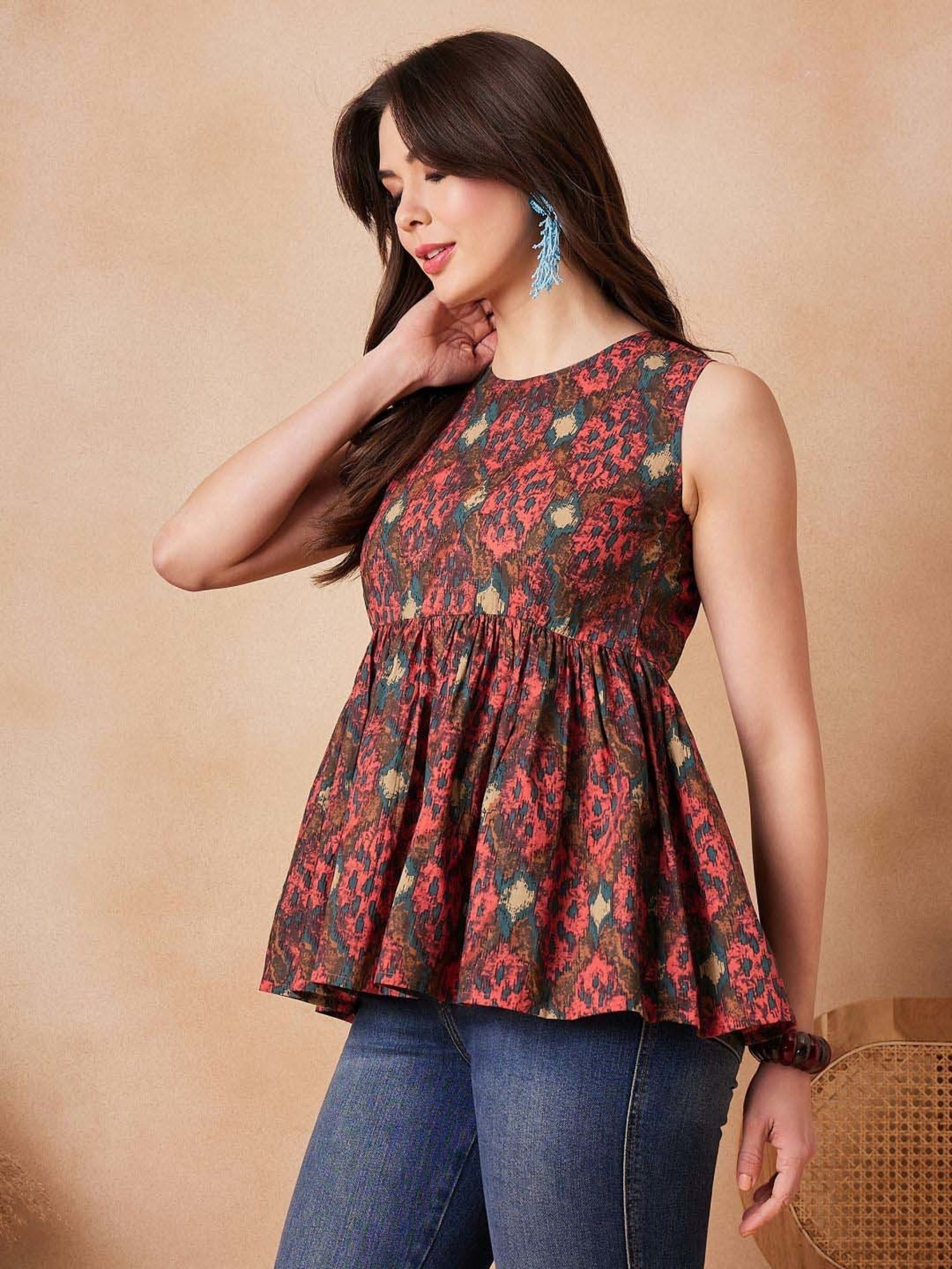 Inweave Coral & Brown Cotton Printed Top