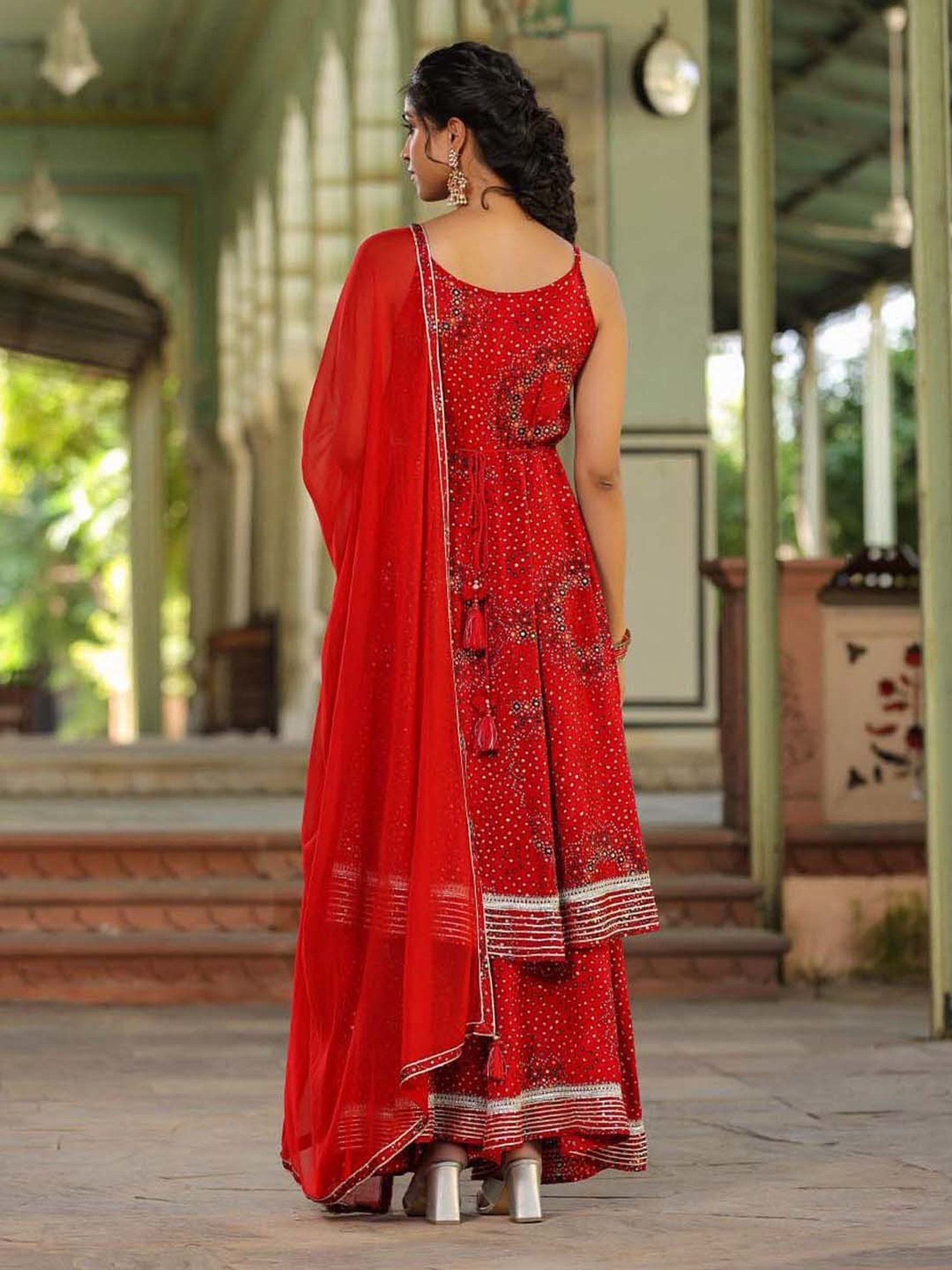SCAKHI Crimson Red Printed Kurta Sharara Set With Dupatta
