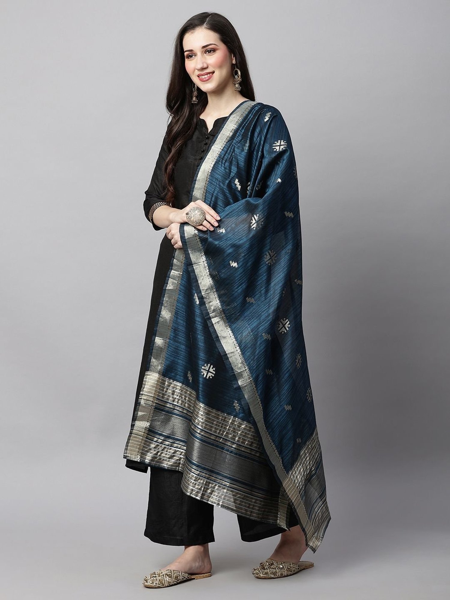 Indo Era Blue Woven Pattern Dupatta