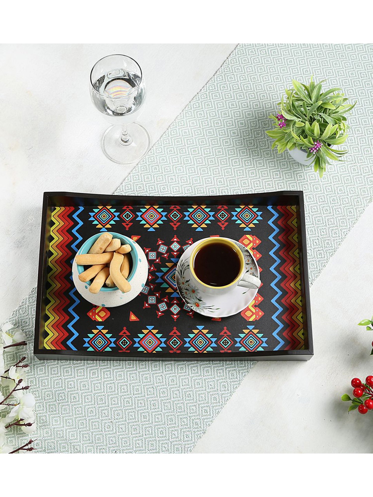 Crayton Geometric MDF Rectangular Serving Tray - Set of 1