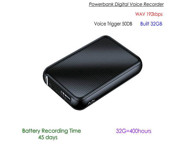 Powerbank Voice Recorder, WAV 192kbps, Vox , Battery Recording Time 1100hours, Build in 32G,