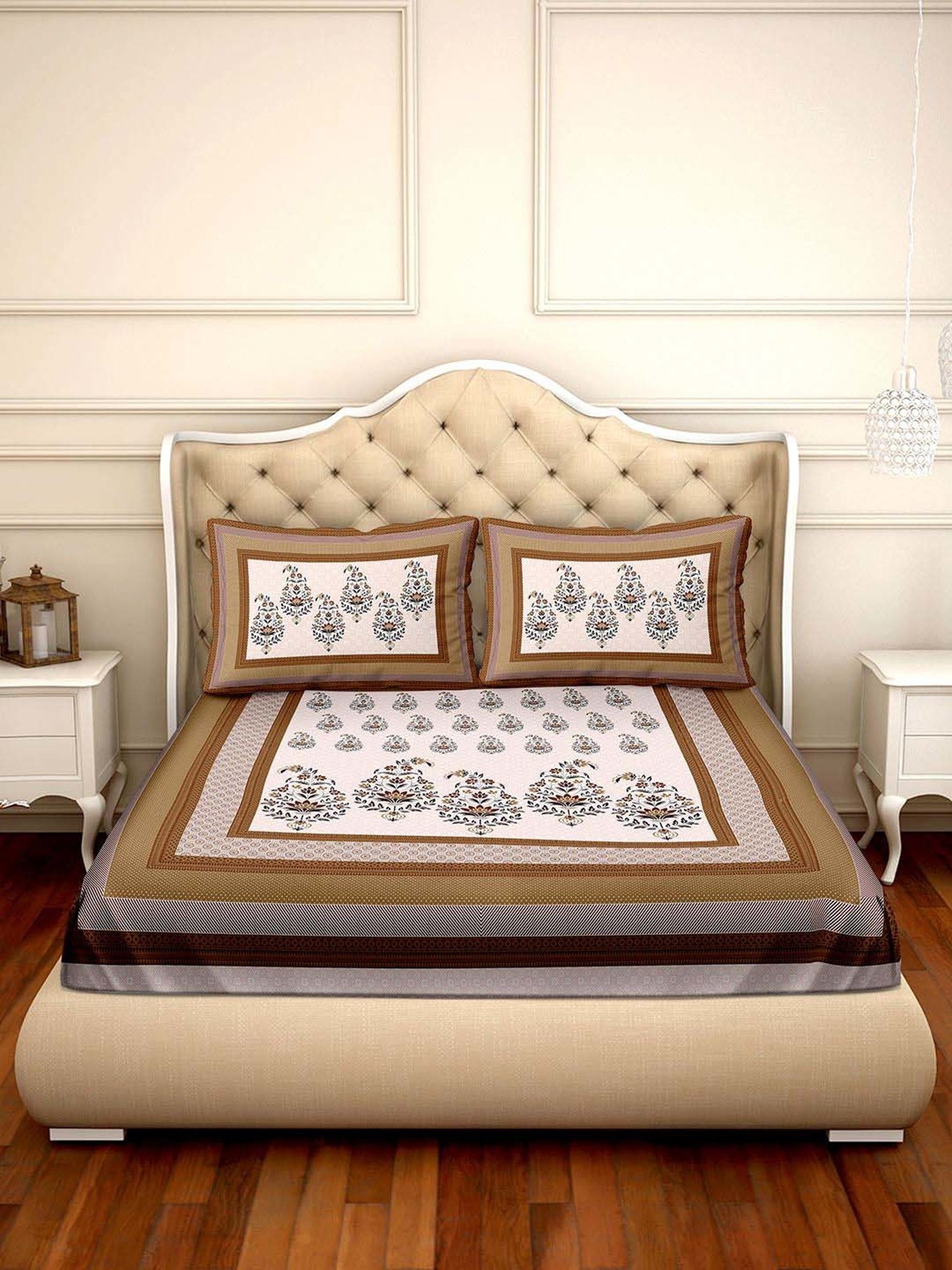 BELLA CASA Amer Printed Brown & White 350 TC Cotton King Bedsheet with 2 Pillow Covers