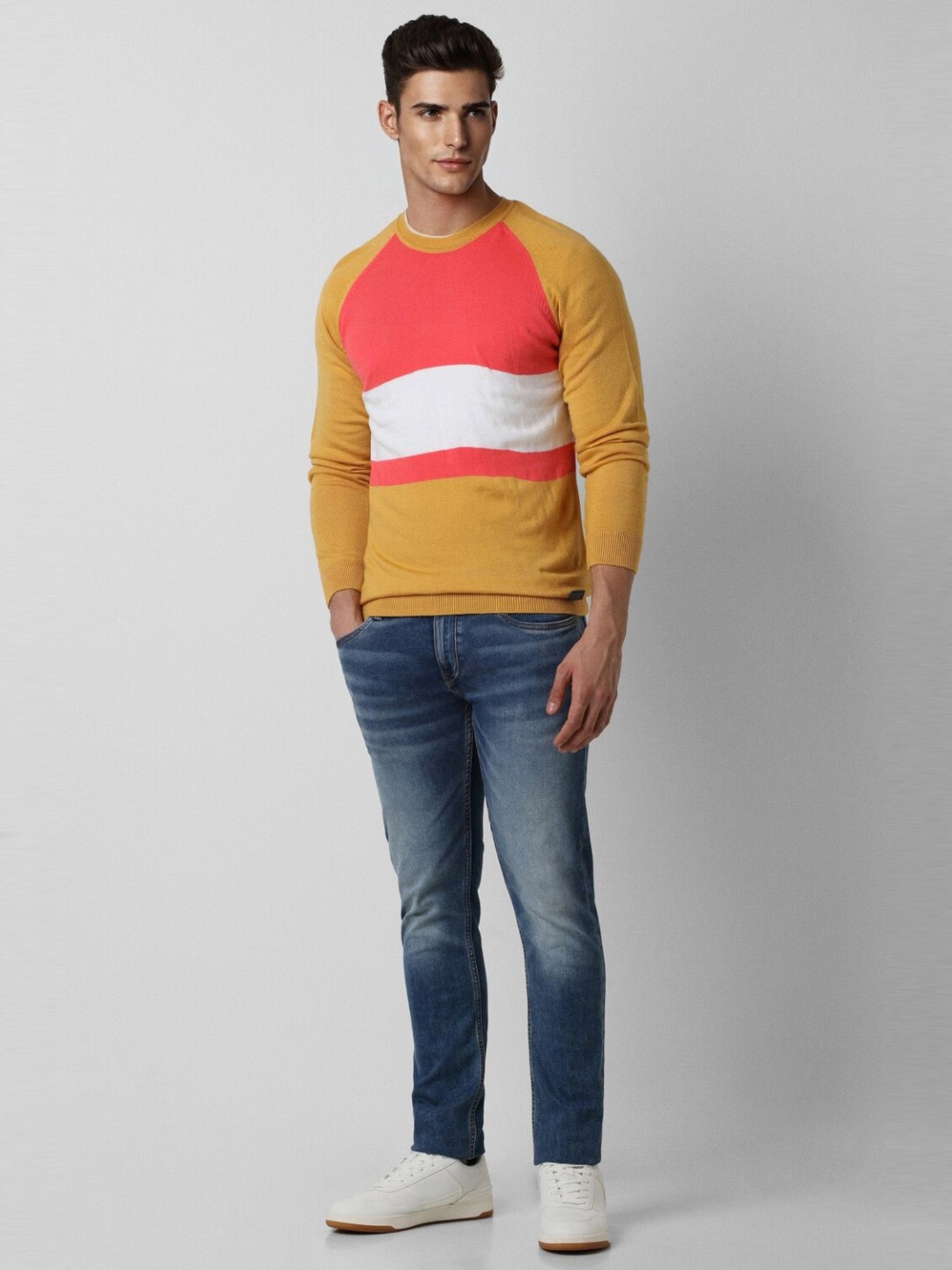 Peter England Yellow Cotton Regular Fit Colour Block Sweater