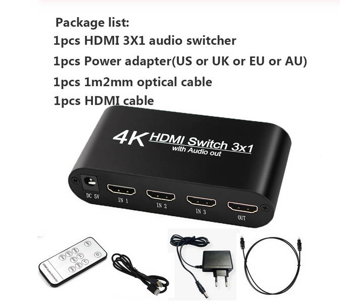 HDMI Switch 4K 3 In 1 Out Optical 3.5mm Audio Out Supprot AC3/DTS/Dolby Decoder Hdmi Audio Extractor For HDTV PS4-Black