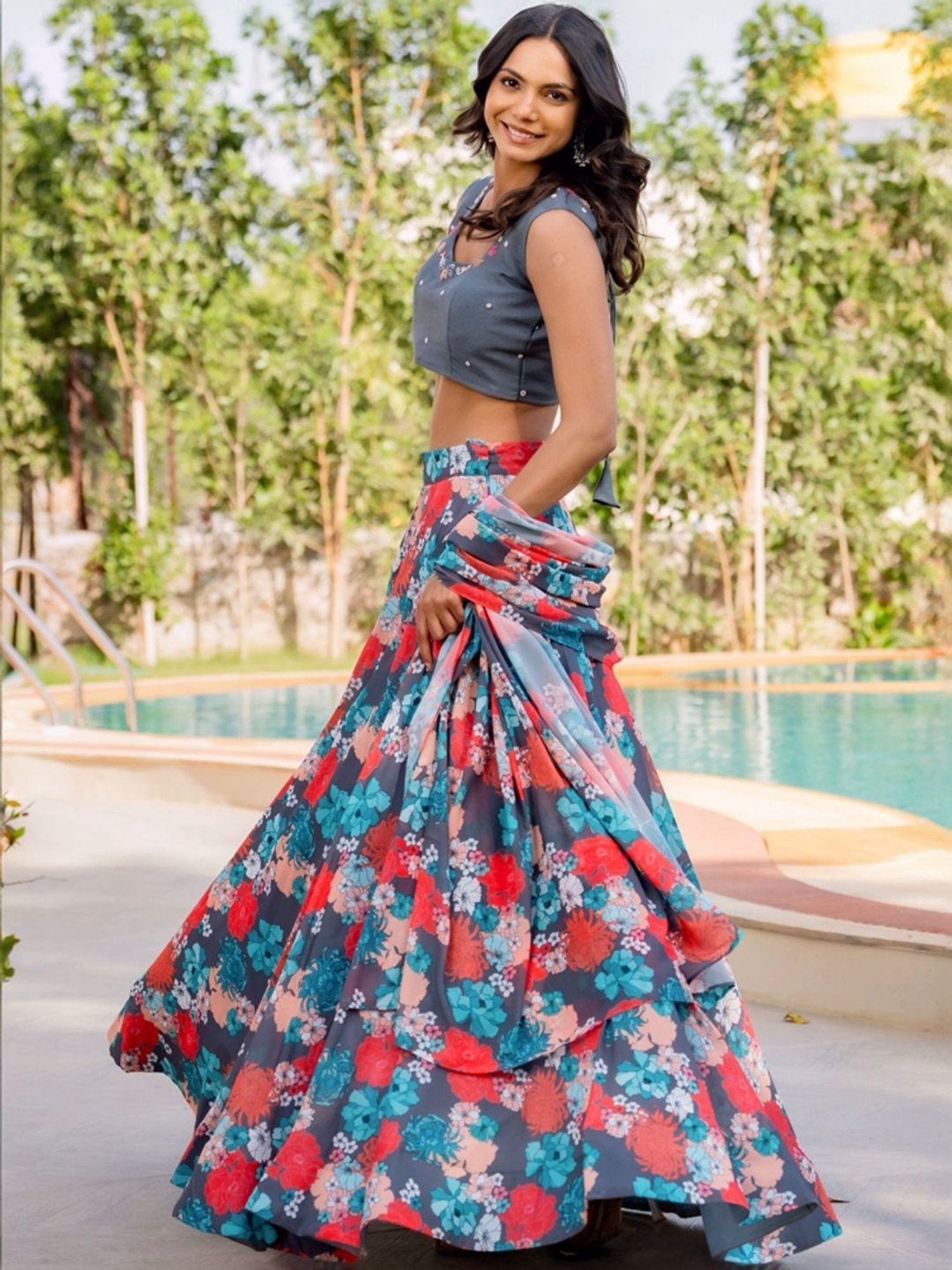 HOUSE OF JAMOTI Grey Printed Lehenga Choli Set With Dupatta