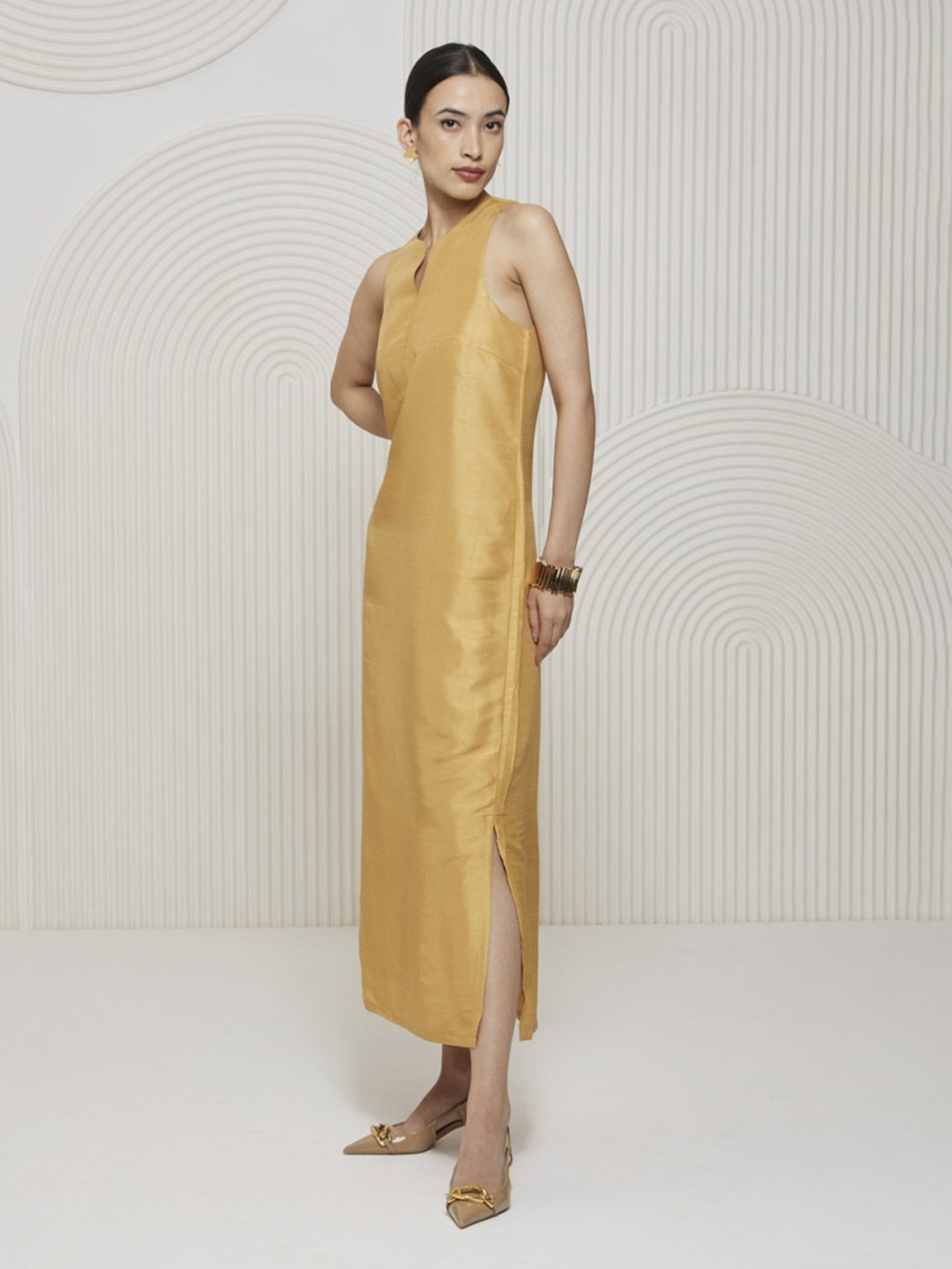 Artagai Gold Earth Romancing Aari Incut Sleeve Maxi Dress