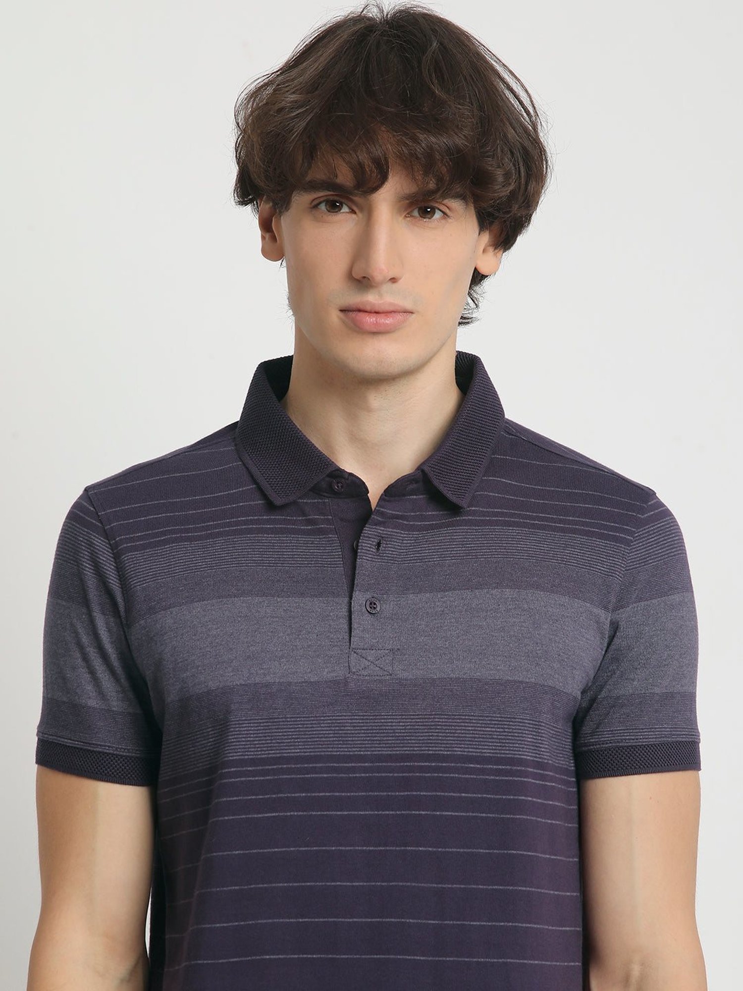 The Bear House Purple Cotton Slim Fit Striped Polo T-Shirt