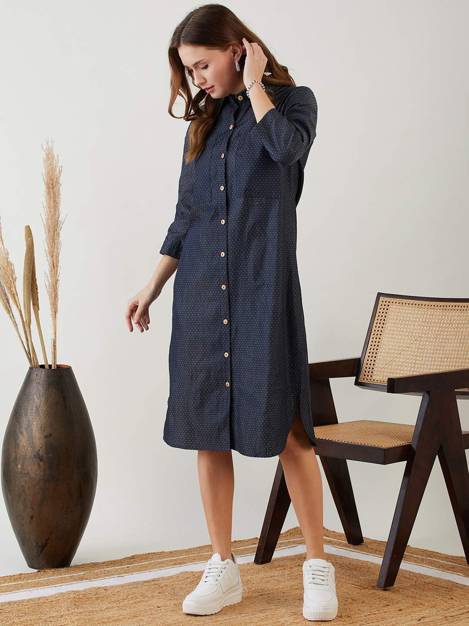 The Kaftan Company Blue Cotton Self Pattern A-Line Dress