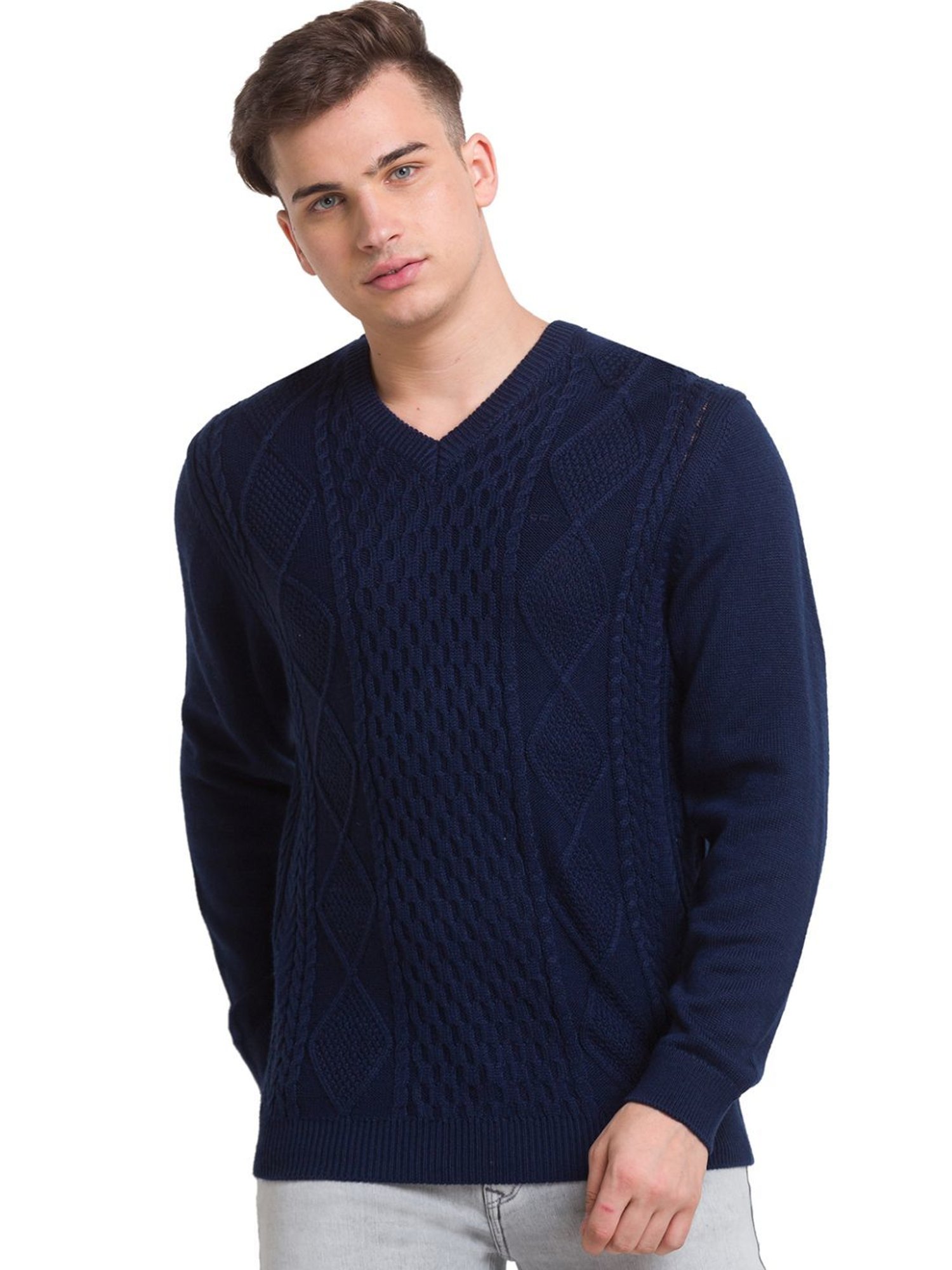 ColorPlus Blue Tailored Fit Self Pattern Sweater