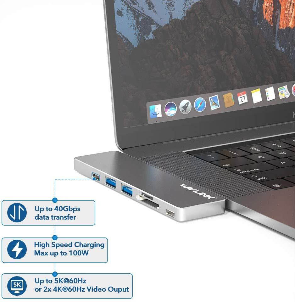USB C Hub Adapter for MacBook Pro 2019 2018-2016,WAVLINK 7-in-1 Aluminum USB-C Hub with 4K HDMI,Thunderbolt 3 Port (40Gbps),100W Power Delivery,2 USB 3.0, USB 3.1,SD/Micro SD Card Reader(Space Gray)