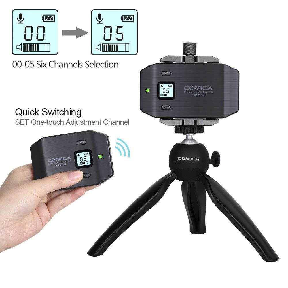 Comica CVM-WS50(C) Wireless Smart Phone Lavalier Microphone System, with UHF 6 Channels, 194FT Wireless Range, Built-in Chargable Battery, Microphone for iPhone Samsung Huawei and More