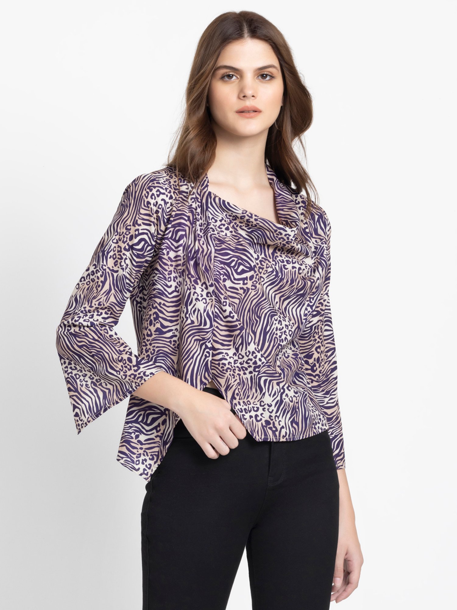 SHAYE Beige & Purple Printed Top