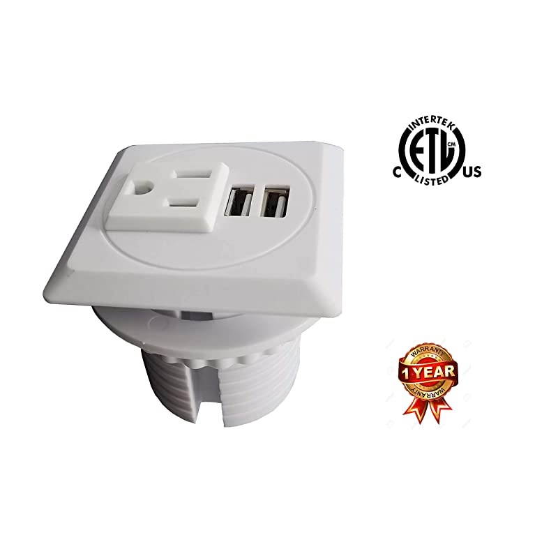 Power Grommet in-Desk Power Center Table Top Grommet Furniture Power Data Hub-2 USB Port Table Connectivity (DC-8189-SQUARE-Fit 2"-2.5" White)