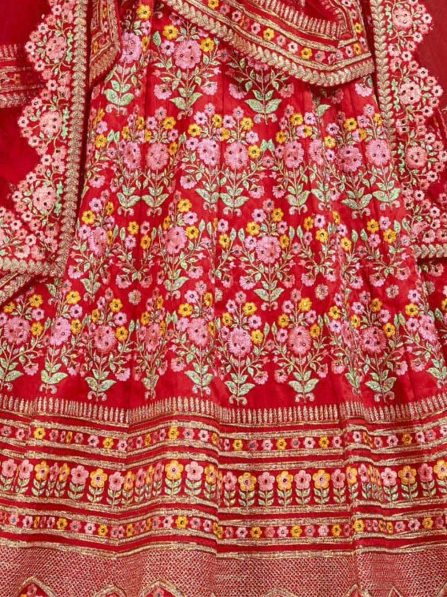Odette Red Embroidered Lehenga Choli Set With 2 Pack of Dupatta