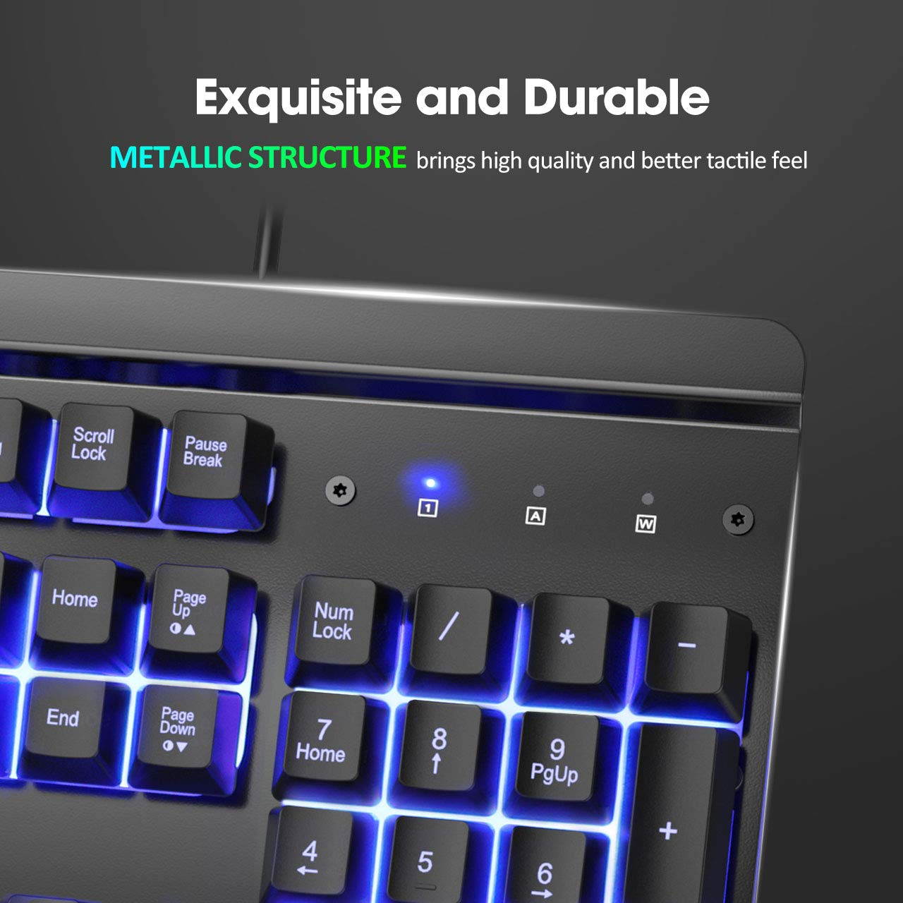 Metal Gaming Keyboard, LED Wired Rainbow Keyboard, USB Backlit Membrane Keyboard with Wrist Rest, 19 Anti-ghosting Keys, 12 Multimedia Shortcuts, Spill-Resistant for Windows PC Gamer-Black