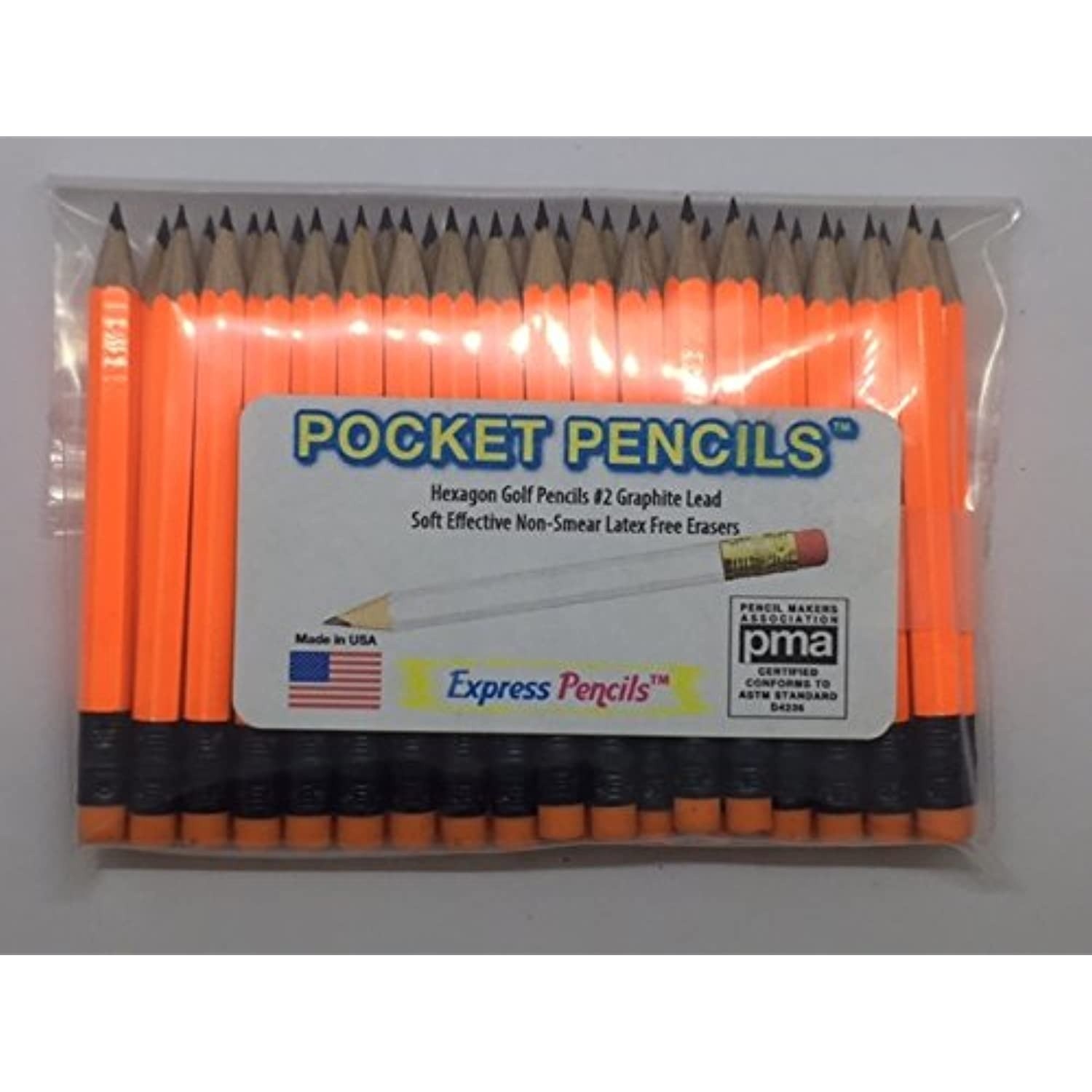 Neon Orange Golf Pencils with Eraser - Half, Classroom, Pew, Short, Mini, Small, Non Toxic - Hexagon, Sharpened, 2 Pencil, Color - Neon Orange, Pkg of 36 Pocket Pencils