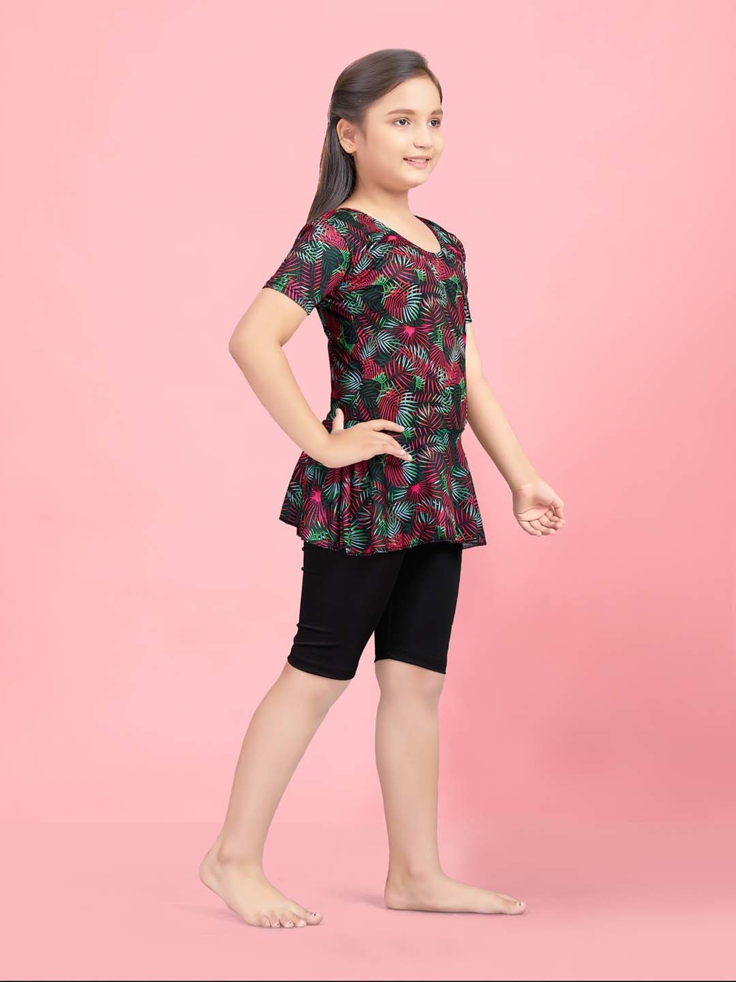 Aarika Kids Pink & Black Printed Swimming Top Set