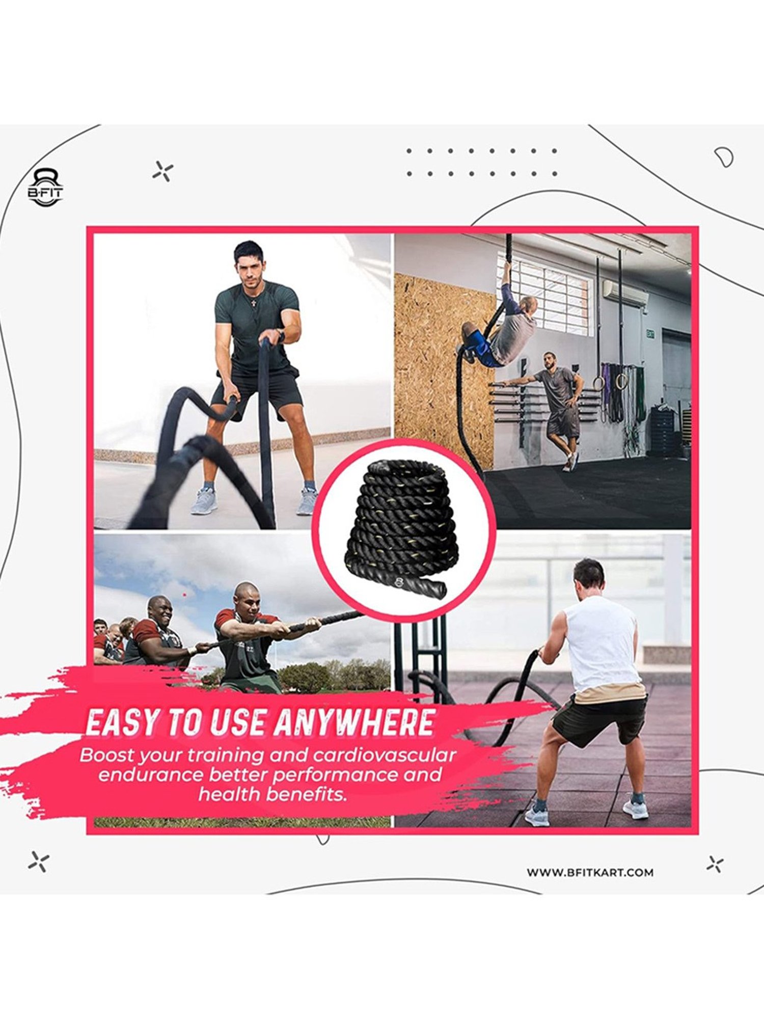 B Fit Battle Rope Thickness 1.5 Length 33 Feet with Anchor (Black)