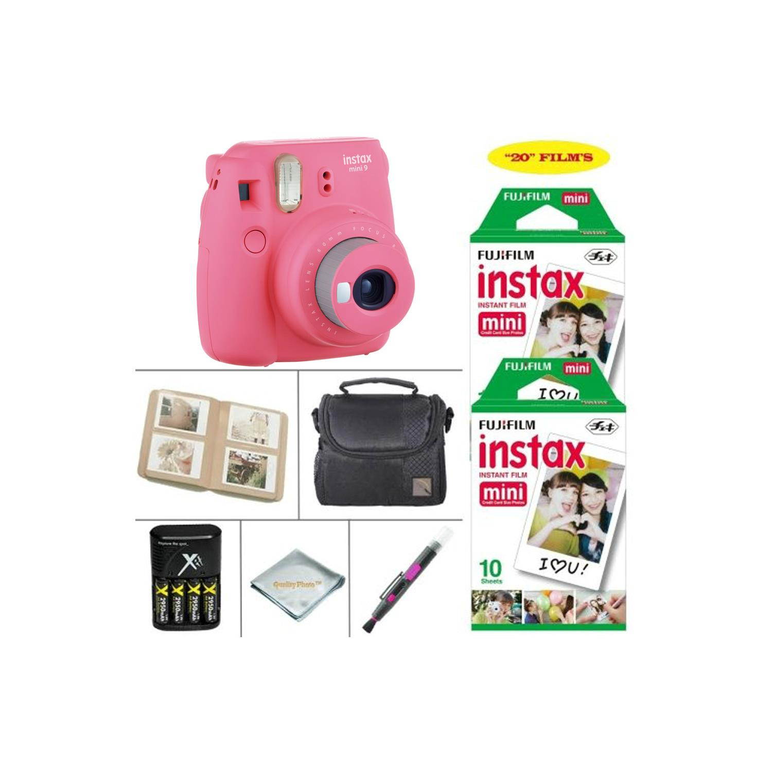 Fujifilm Mini 9 Instant Film Camera (Flamingo Pink) - Fujifilm Instax Film 20 PCS - Battery & Cahrger - Photo Album - Case