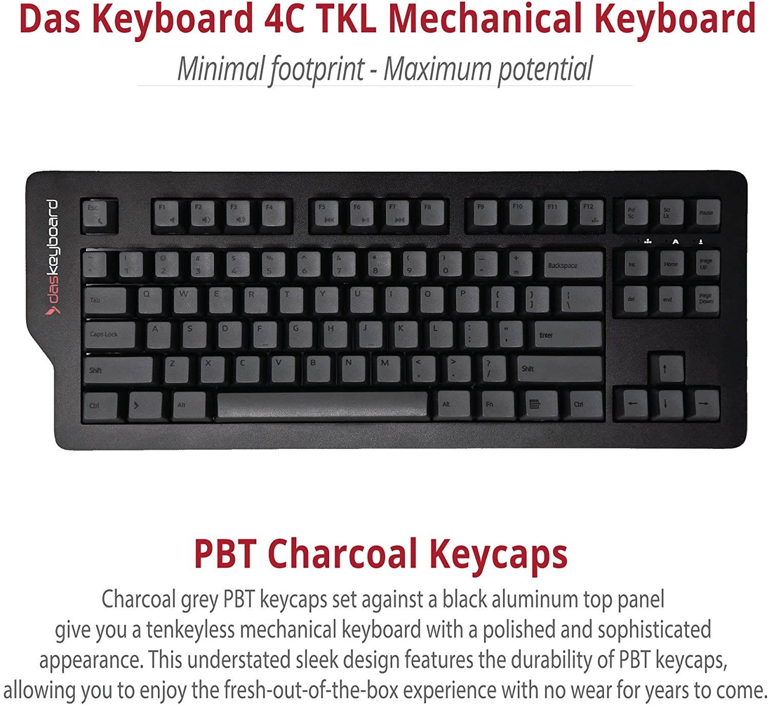 Das Keyboard 4C TKL Tenkeyless Mechanical Keyboard - Space Saving 87 Keys - Premium Charcoal PBT Keycaps - Cherry MX Brown Switches - Full NKRO