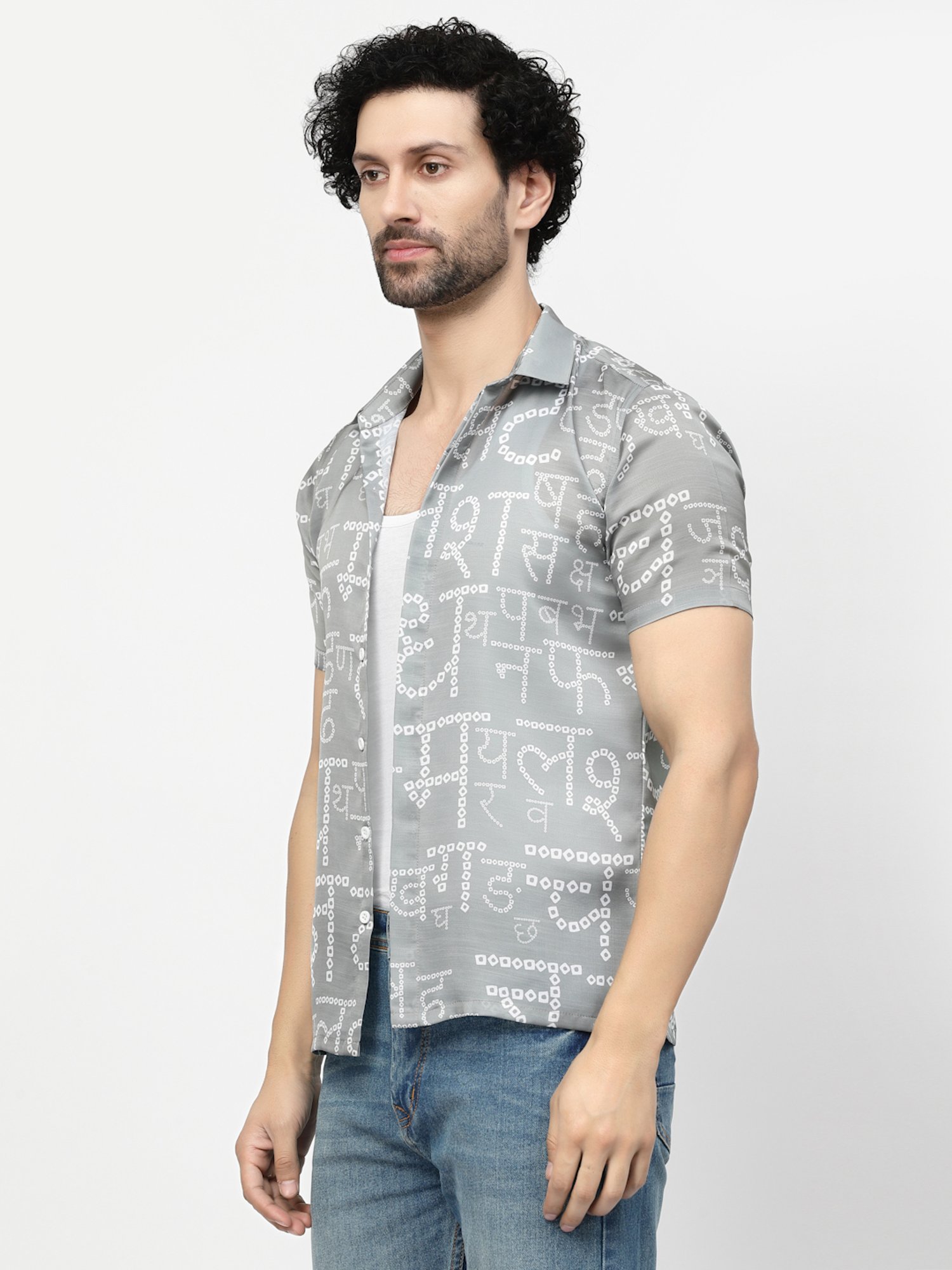 Lela Light Grey Regular Fit Printed Shirt