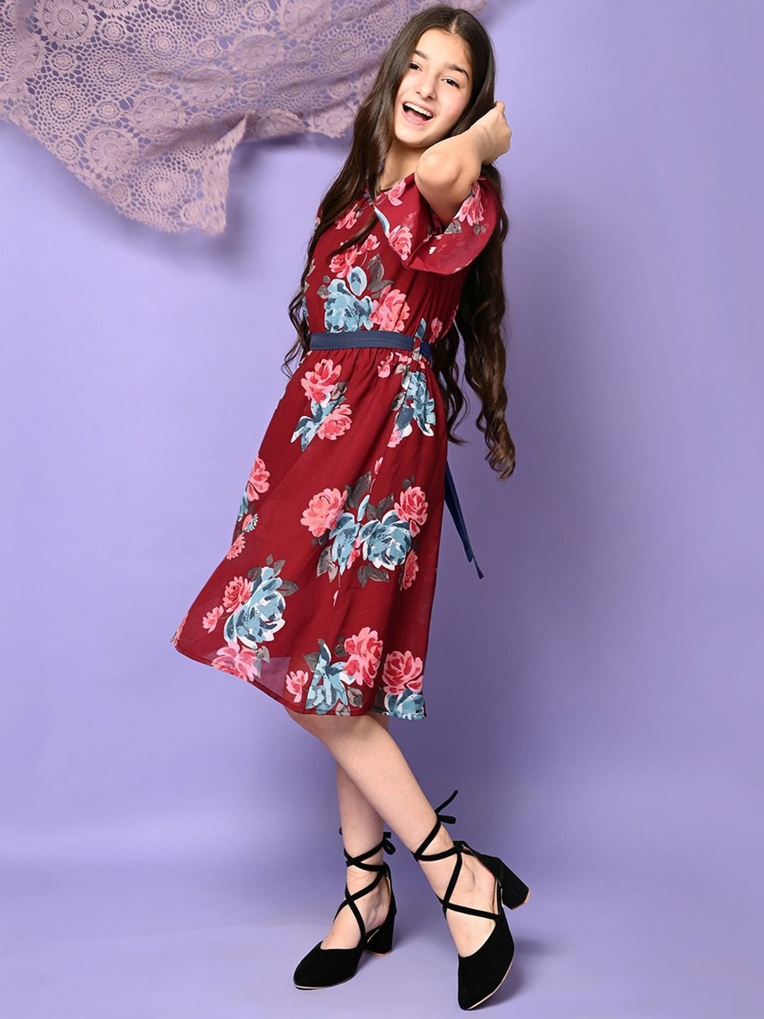 LilPicks Kids Maroon & Sky Blue Floral Print Dress
