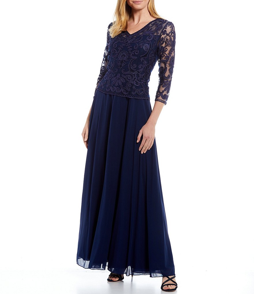 Soulmates V-Neck 3/4 Sleeve Lace Bodice A-Line Gown