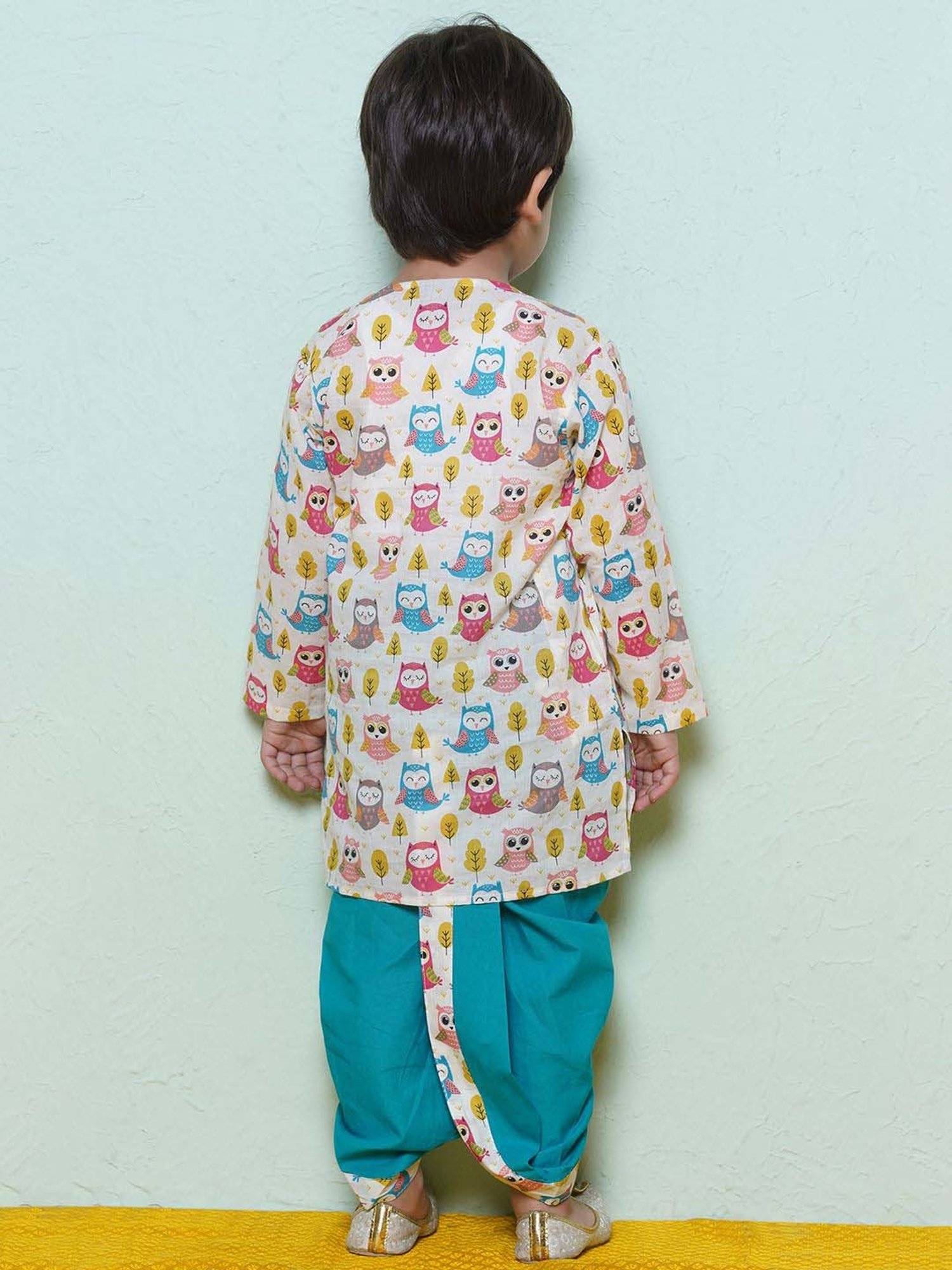 AJ Dezines Kids White & Teal Blue Cotton Printed Full Sleeves Kurta Set