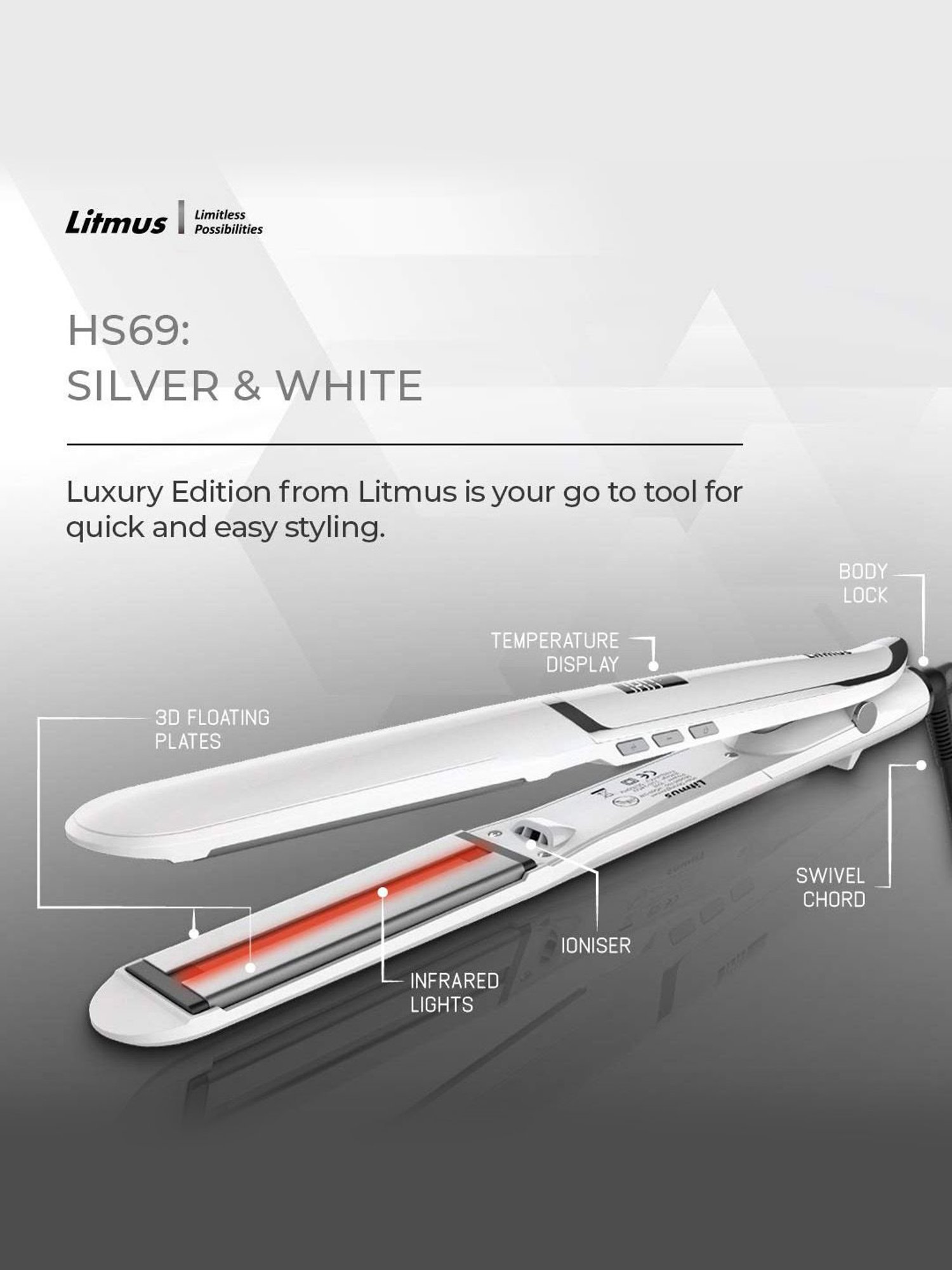 Litmus Infrared HS-69 Hair Straightener (Silver/White)